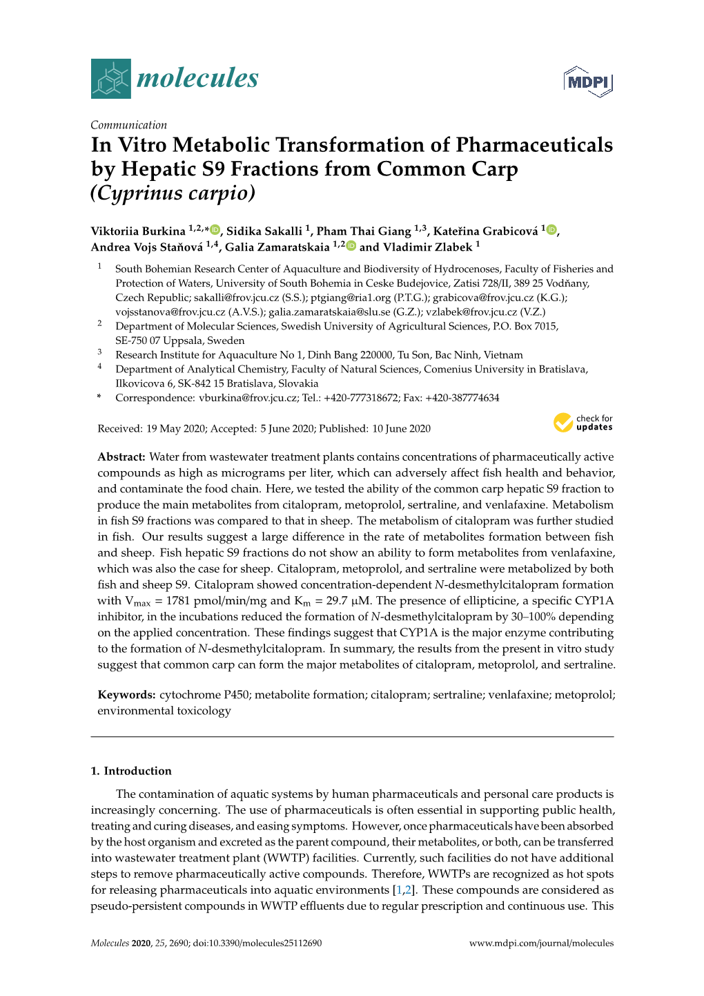 In Vitro Metabolic Transformation of Pharmaceuticals by Hepatic S9 Fractions from Common Carp (Cyprinus Carpio)