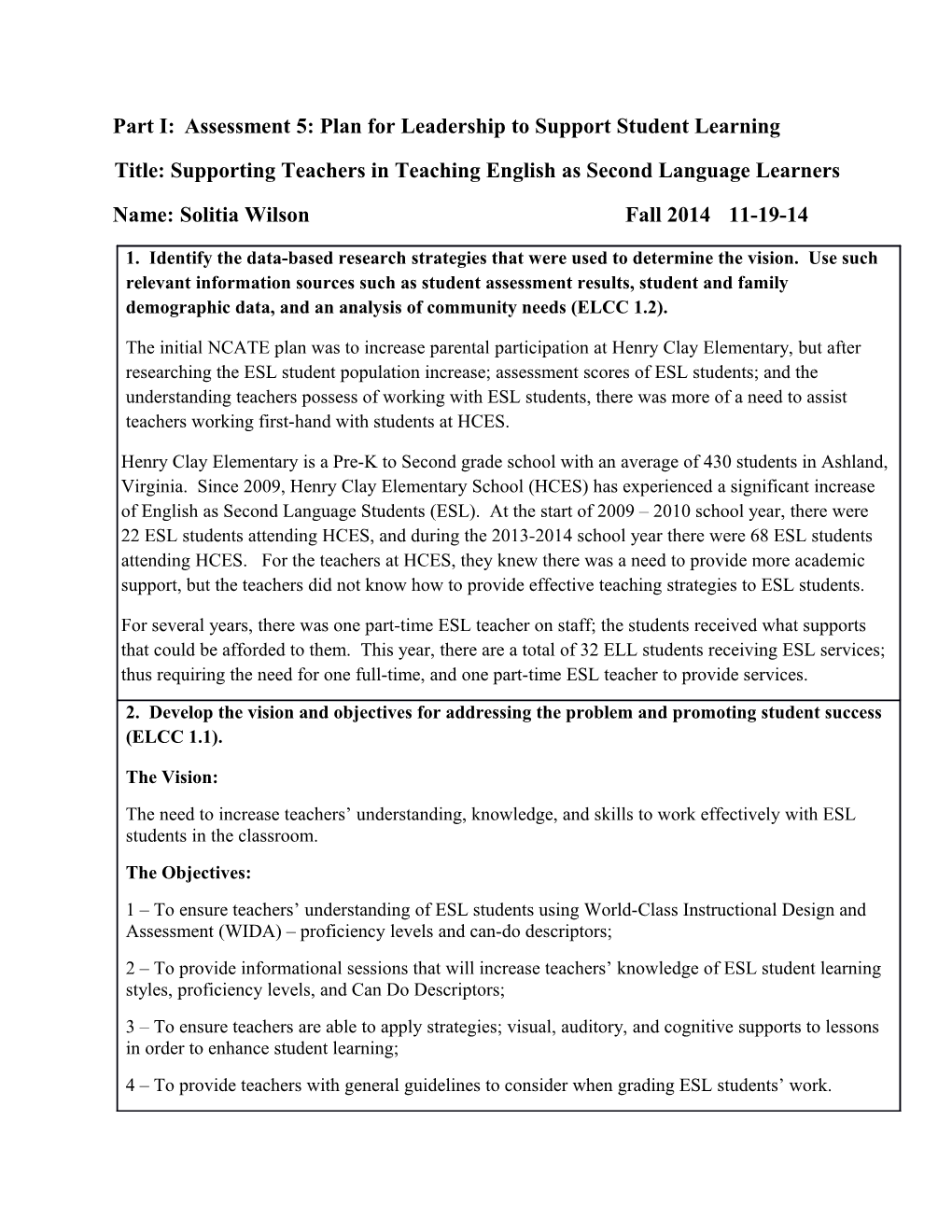 Part I: Assessment 5: Plan For Leadership To Support Student Learning