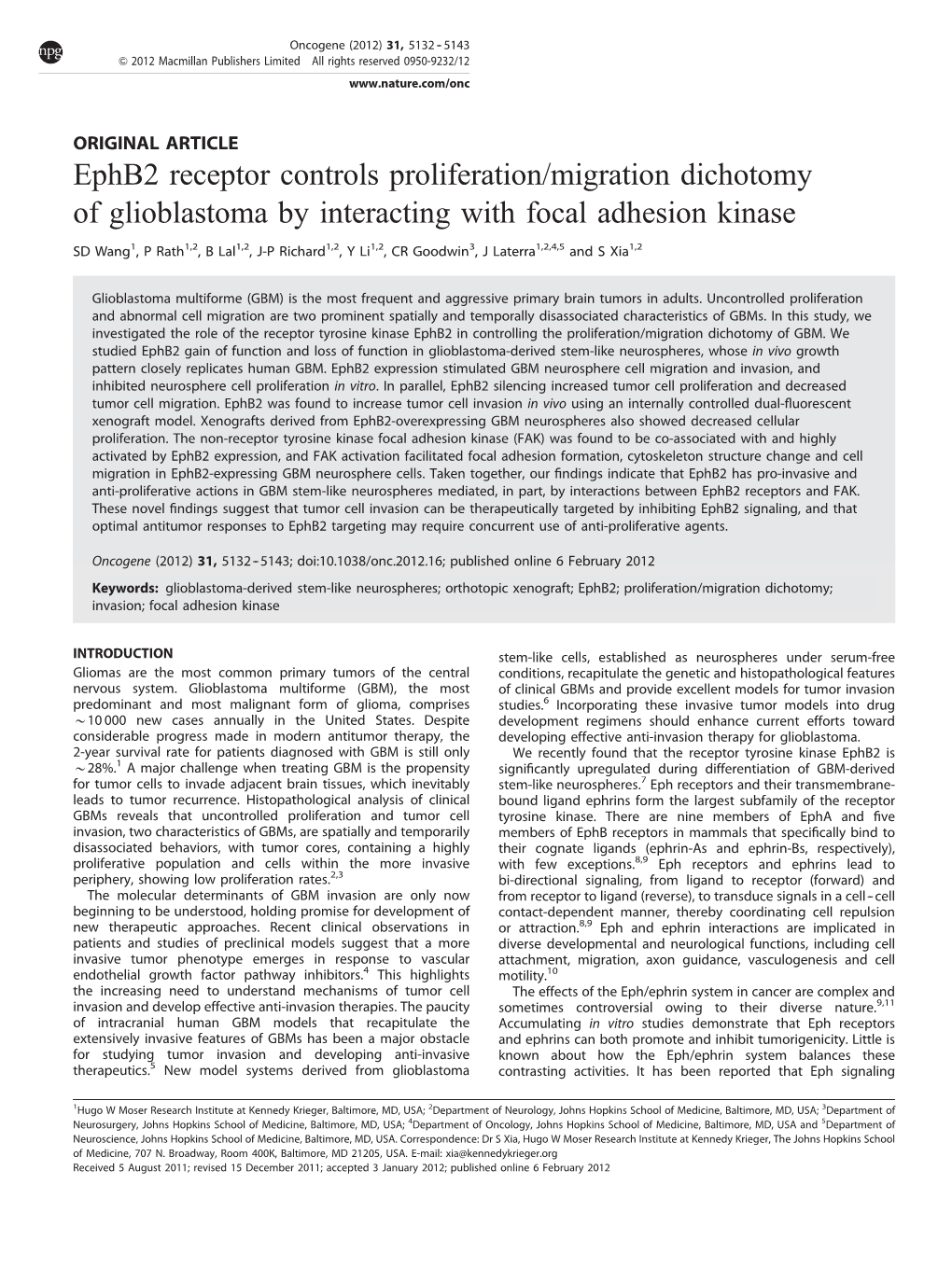 Migration Dichotomy of Glioblastoma by Interacting with Focal Adhesion Kinase