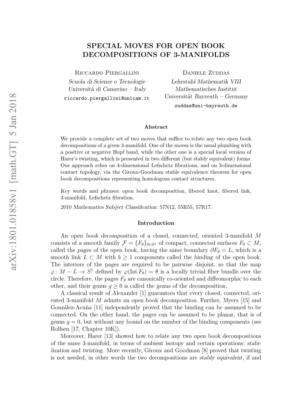 Special Moves for Open Book Decompositions of 3-Manifolds