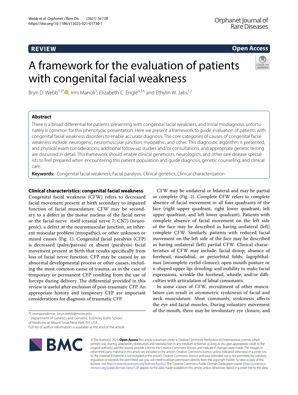 A Framework for the Evaluation of Patients with Congenital Facial Weakness Bryn D