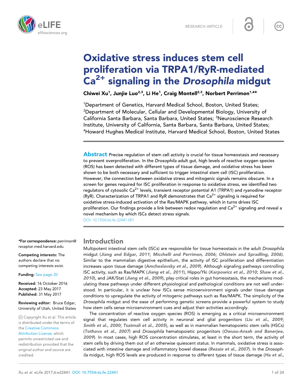 Oxidative Stress Induces Stem Cell Proliferation Via TRPA1/Ryr