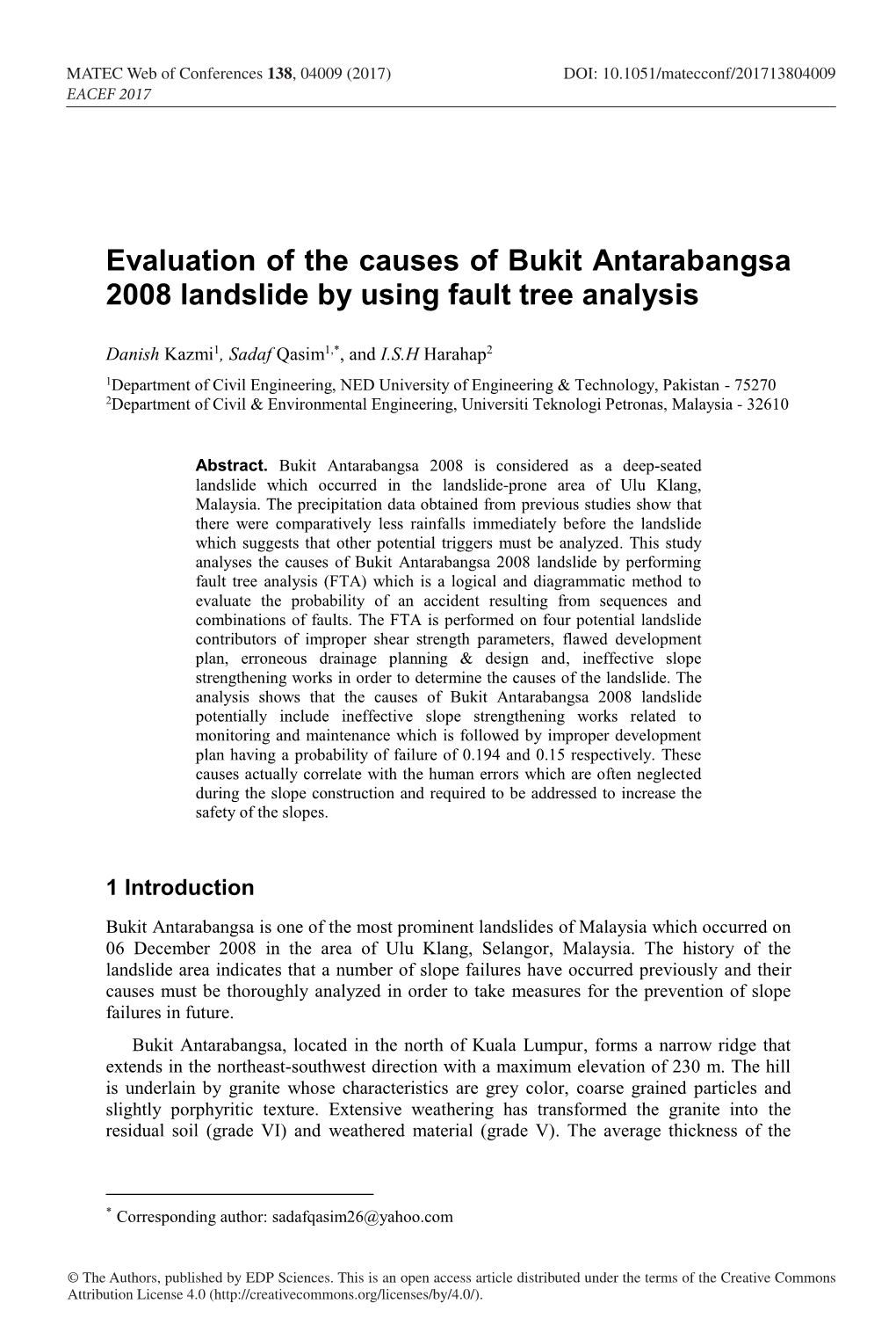 Evaluation of the Causes of Bukit Antarabangsa 2008 Landslide by Using Fault Tree Analysis