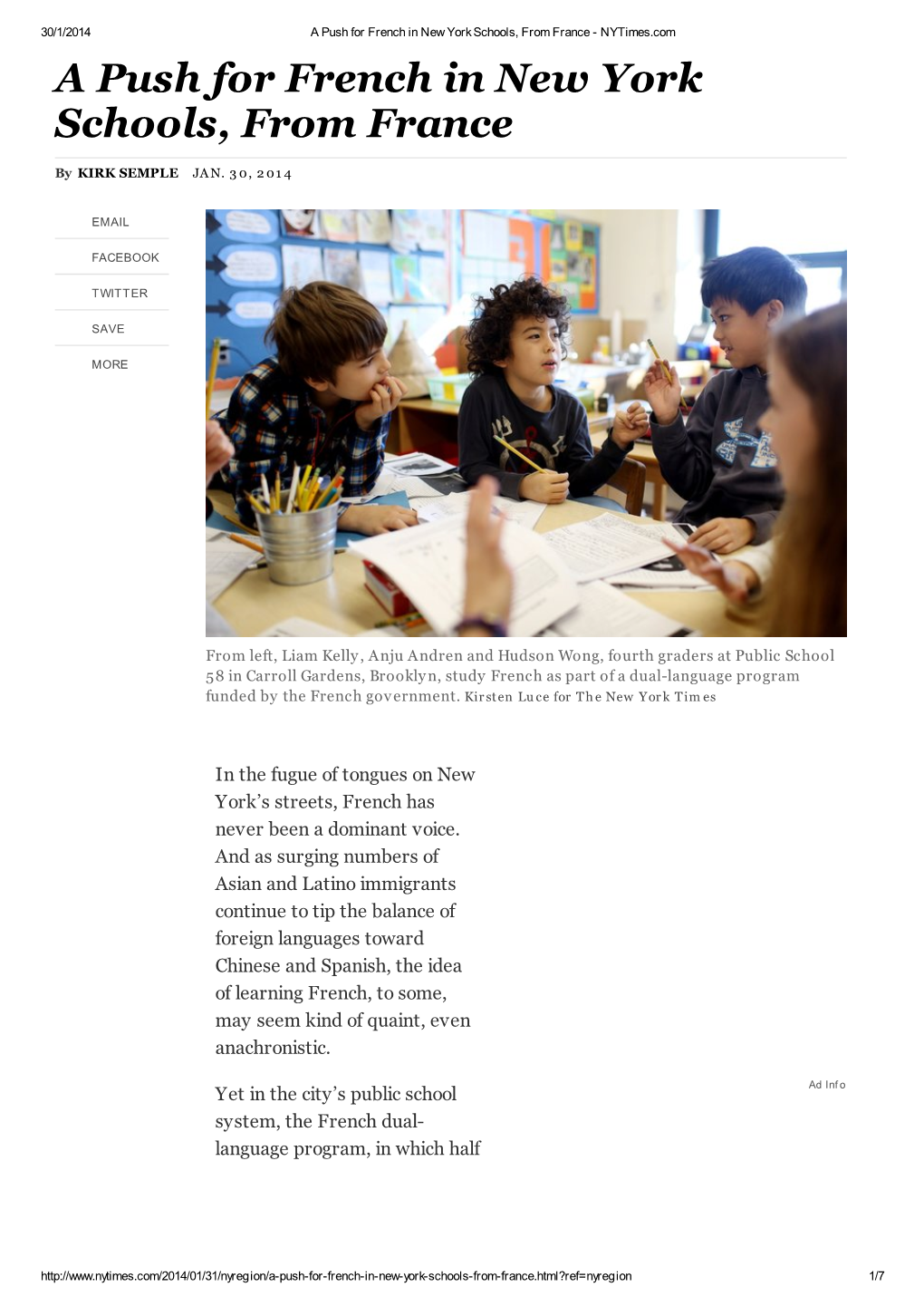 A Push for French in New York Schools, from France - Nytimes.Com a Push for French in New York Schools, from France