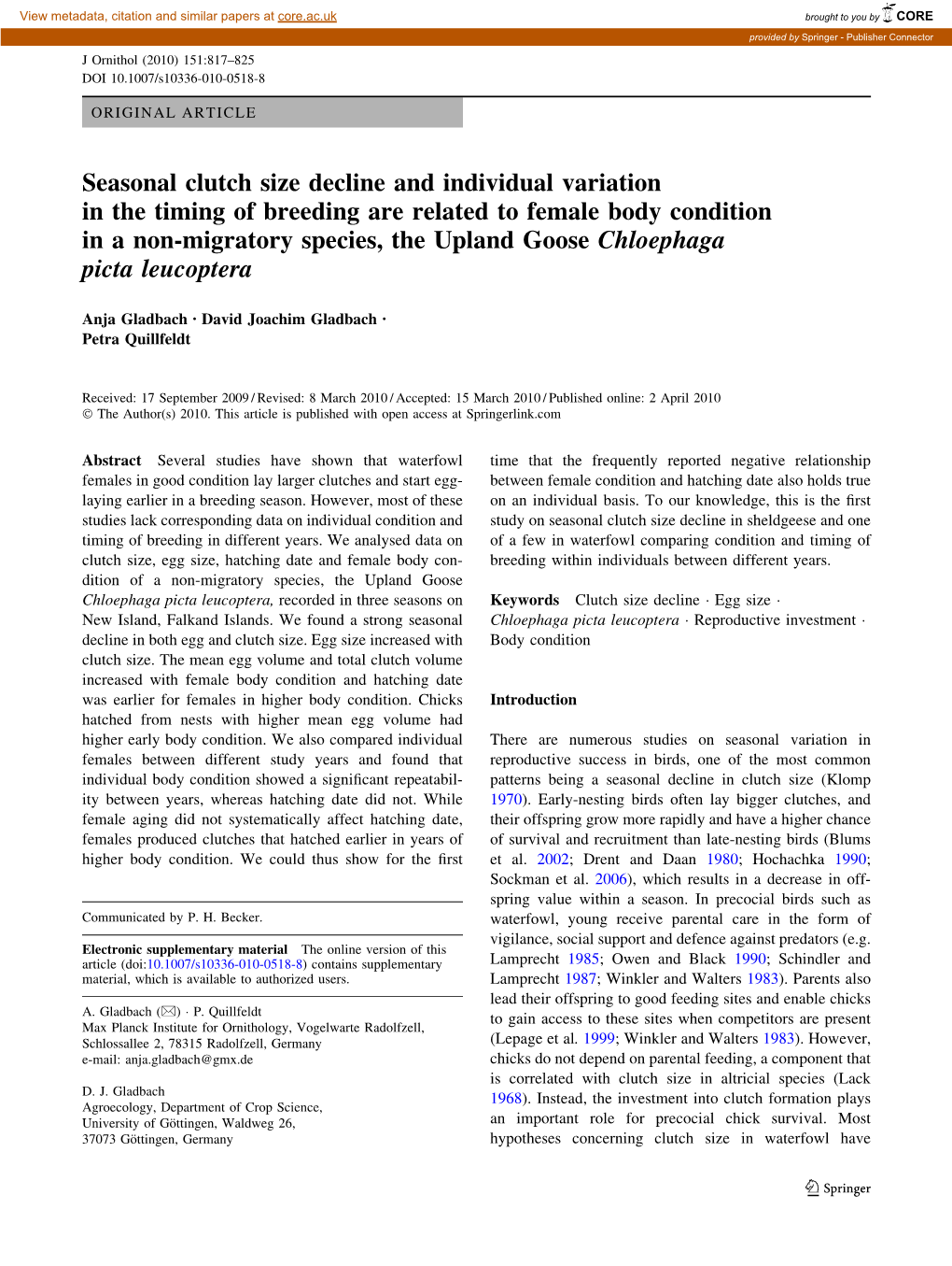 Seasonal Clutch Size Decline and Individual Variation in the Timing Of