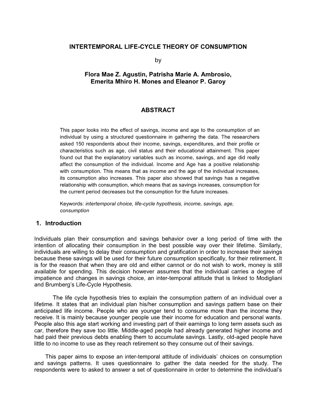 INTERTEMPORAL LIFE-CYCLE THEORY of CONSUMPTION By