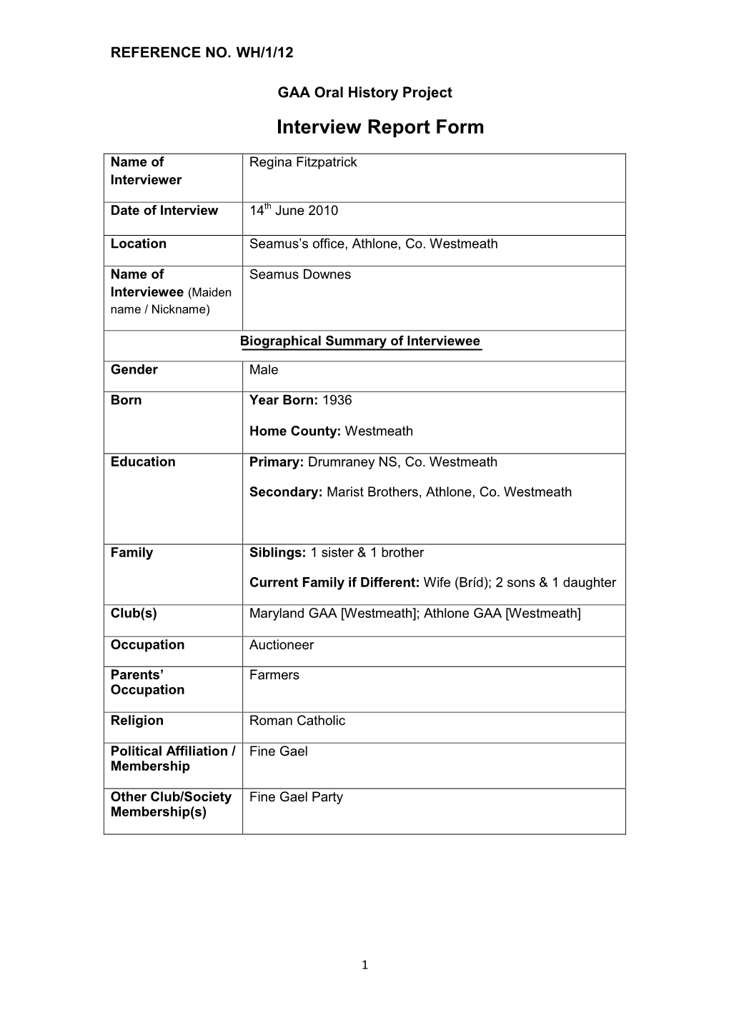 GAA Oral History Project Interview Report Form