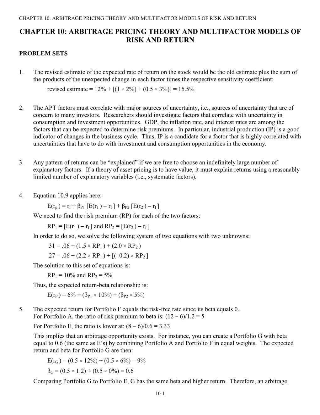 Chapter 10: Arbitrage Pricing Theory and Multifactor Models of Risk and Return