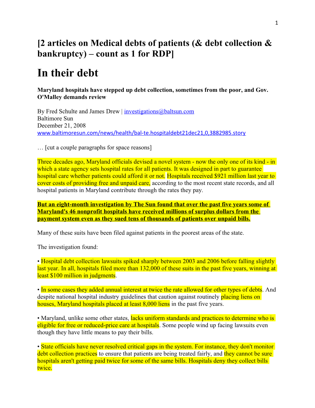 2 Articles on Medical Debts of Patients (& Debt Collection & Bankruptcy) Count As 1 for RDP