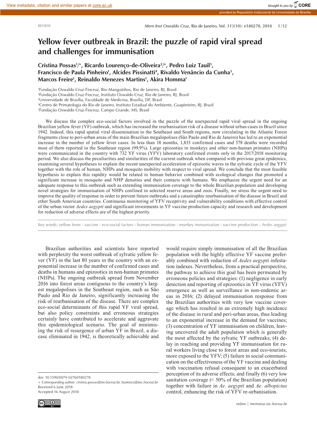 Yellow Fever Outbreak in Brazil: the Puzzle of Rapid Viral Spread and Challenges for Immunisation