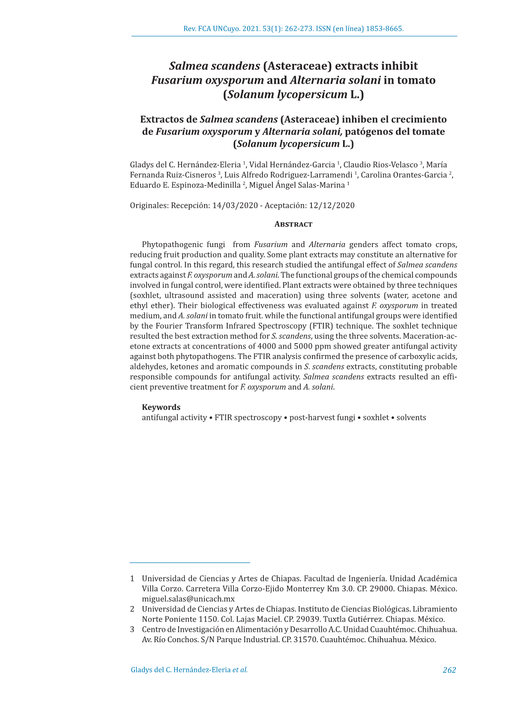 Salmea Scandens (Asteraceae) Extracts Inhibit Fusarium Oxysporum and Alternaria Solani in Tomato (Solanum Lycopersicum L.)