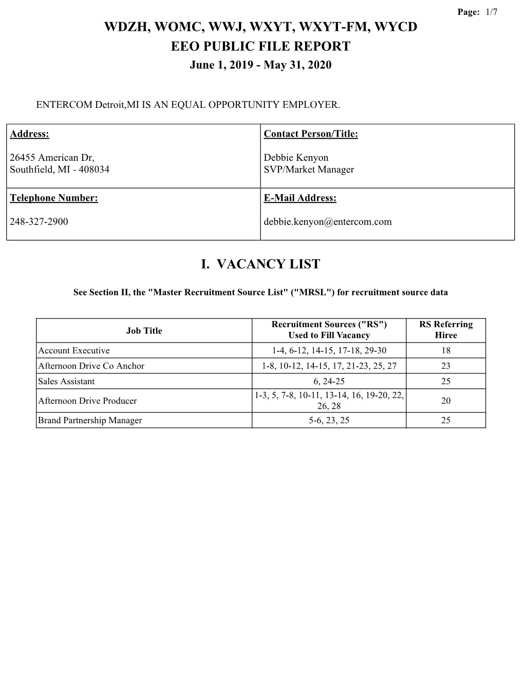 WDZH, WOMC, WWJ, WXYT, WXYT-FM, WYCD EEO PUBLIC FILE REPORT June 1, 2019 - May 31, 2020