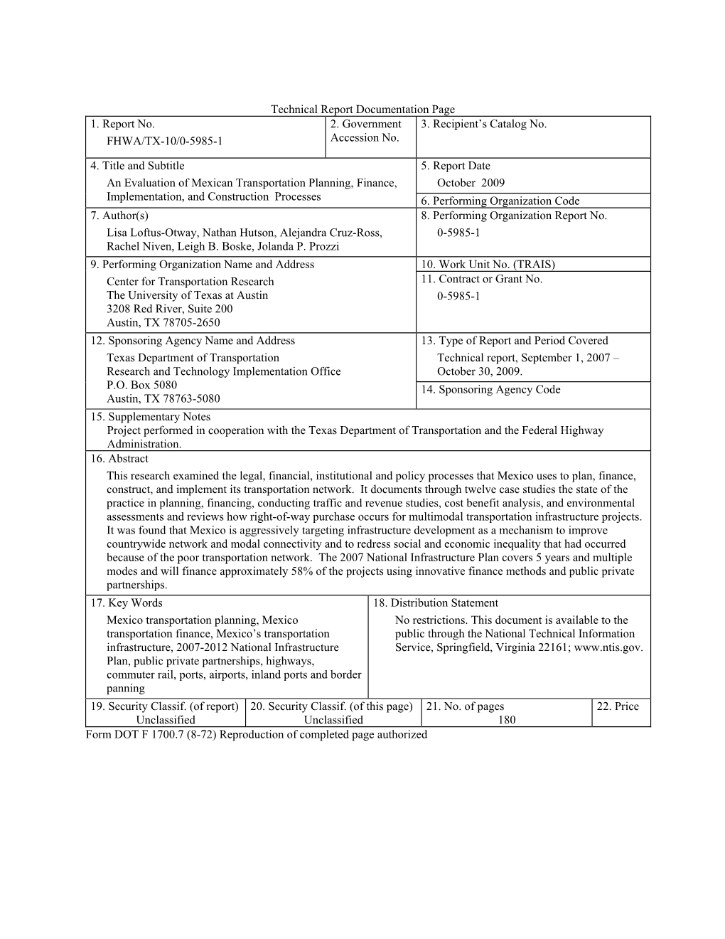 Technical Report Documentation Page 1. Report No. FHWA/TX-10/0