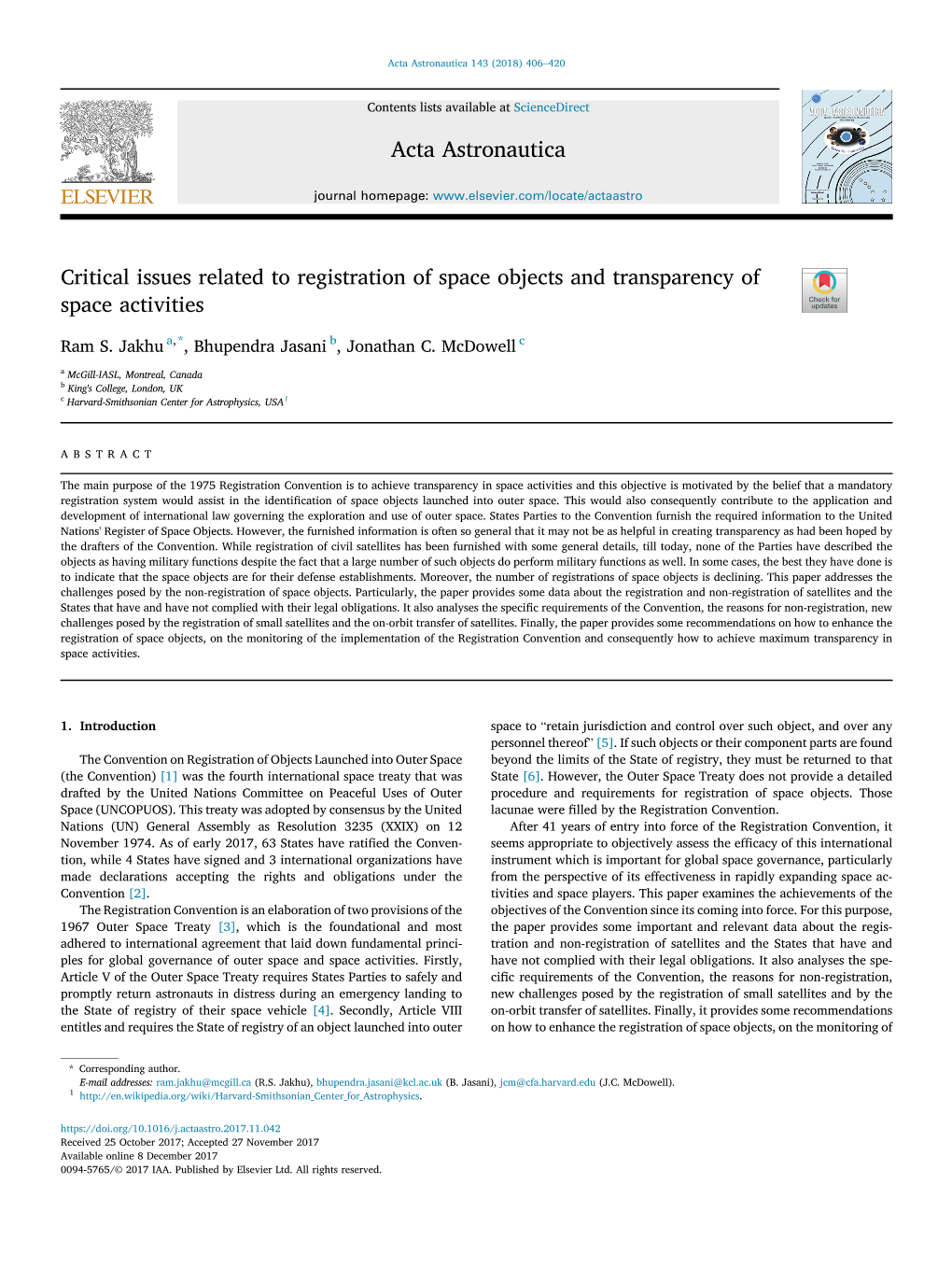 Critical Issues Related to Registration of Space Objects and Transparency of Space Activities