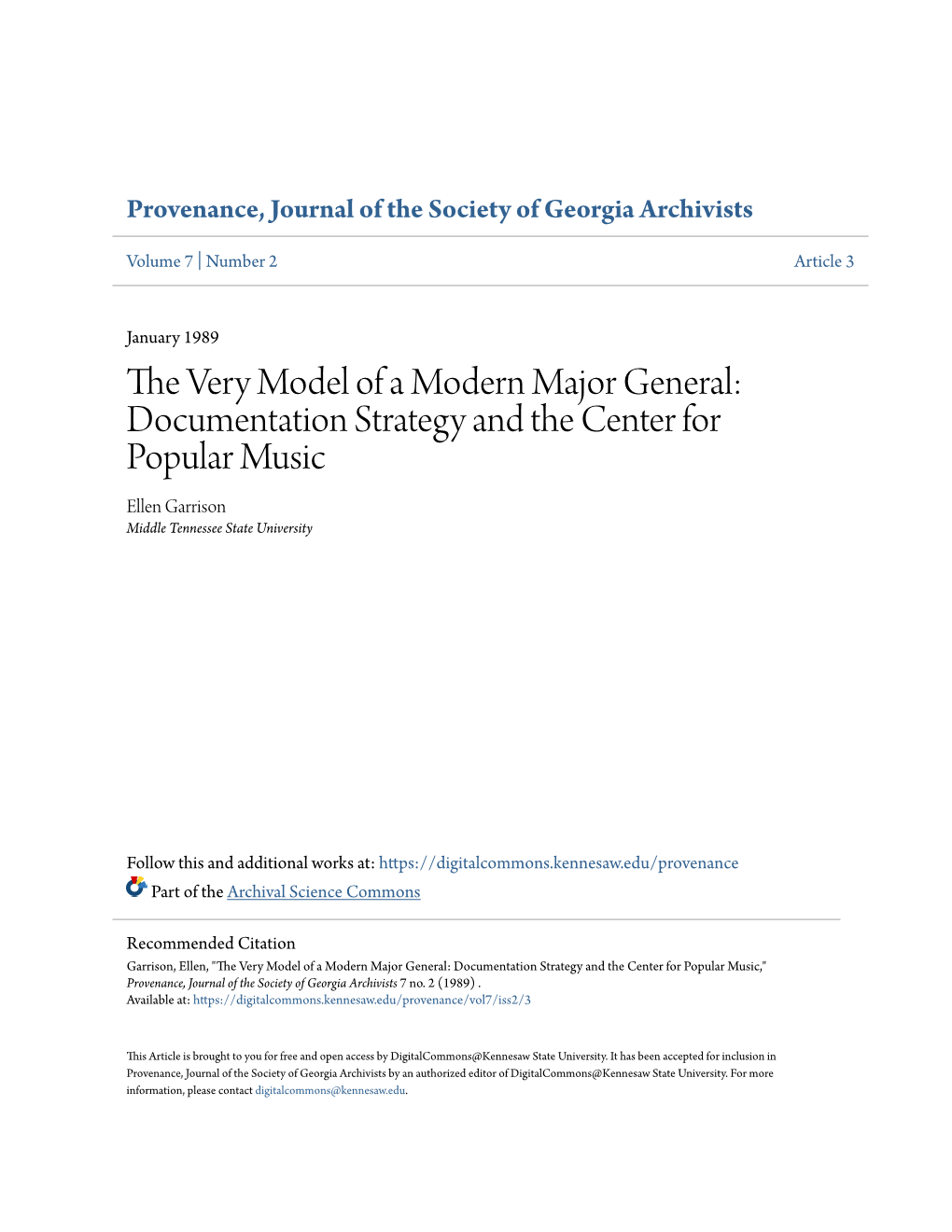 Documentation Strategy and the Center for Popular Music Ellen Garrison Middle Tennessee State University