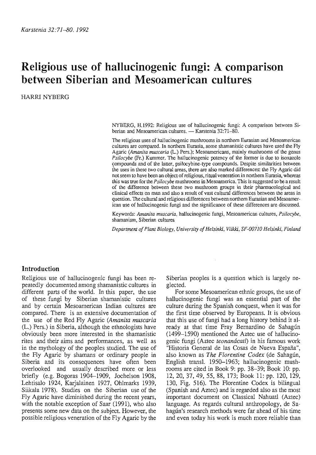 Religious Use of Hallucinogenic Fungi: a Comparison Between Siberian and Mesoamerican Cultures