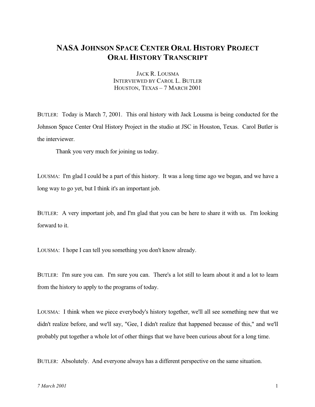 Nasa Johnson Space Center Oral History Project Oral History Transcript