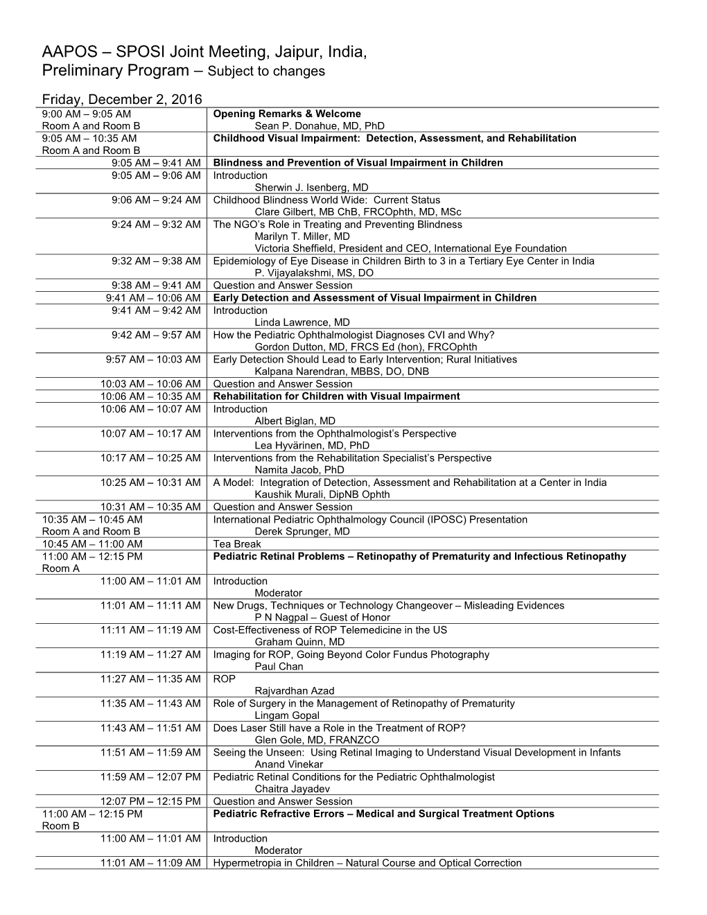 AAPOS – SPOSI Joint Meeting, Jaipur, India, Preliminary Program – Subject to Changes