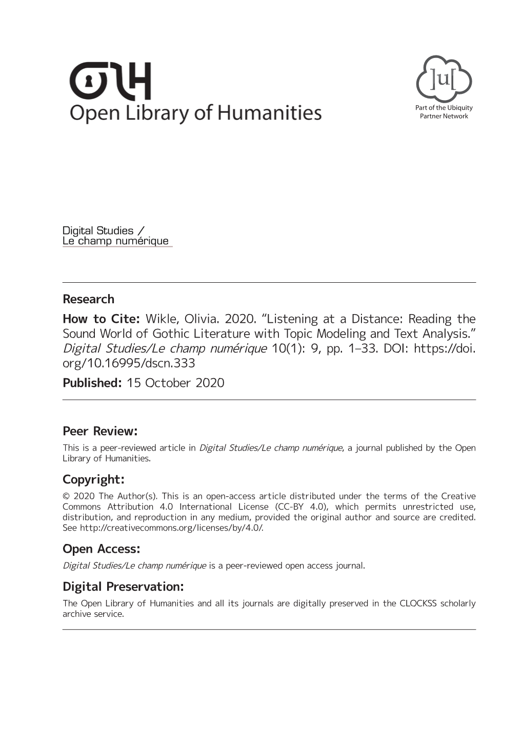 Reading the Sound World of Gothic Literature with Topic Modeling and Text Analysis.” Digital Studies/Le Champ Numérique 10(1): 9, Pp