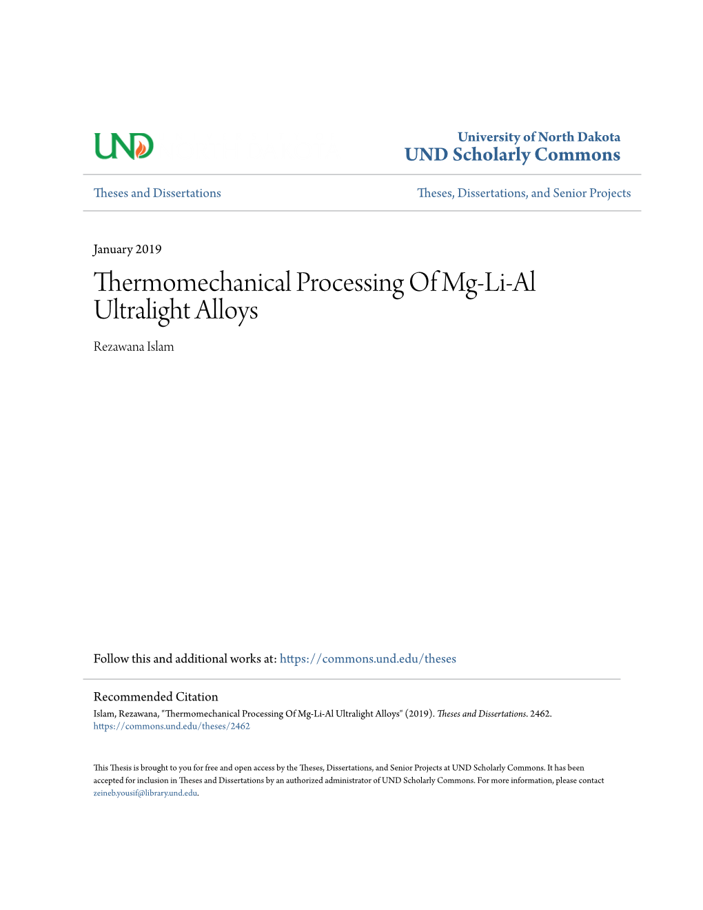 Thermomechanical Processing of Mg-Li-Al Ultralight Alloys Rezawana Islam