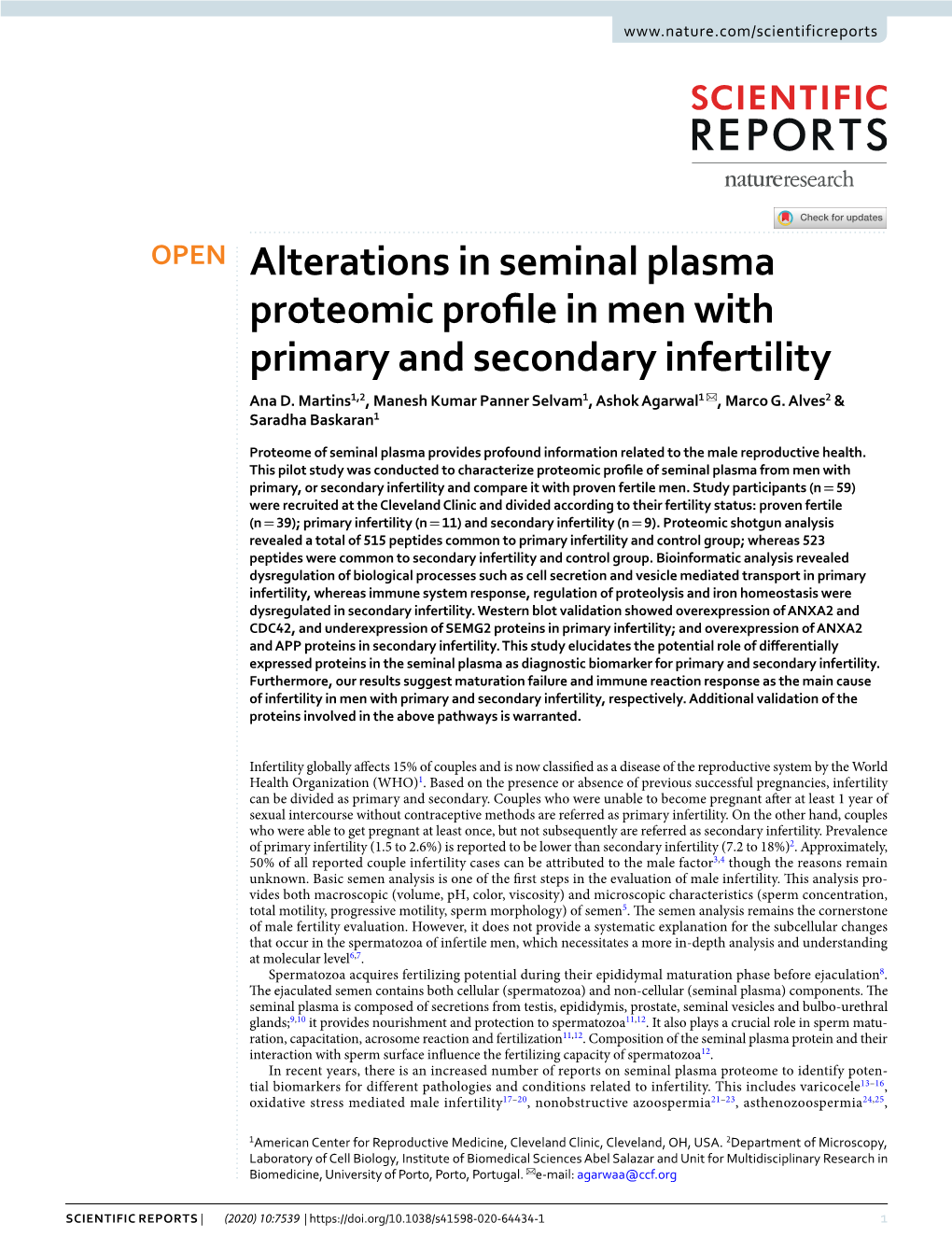 Alterations in Seminal Plasma Proteomic Profile in Men with Primary and Secondary Infertility