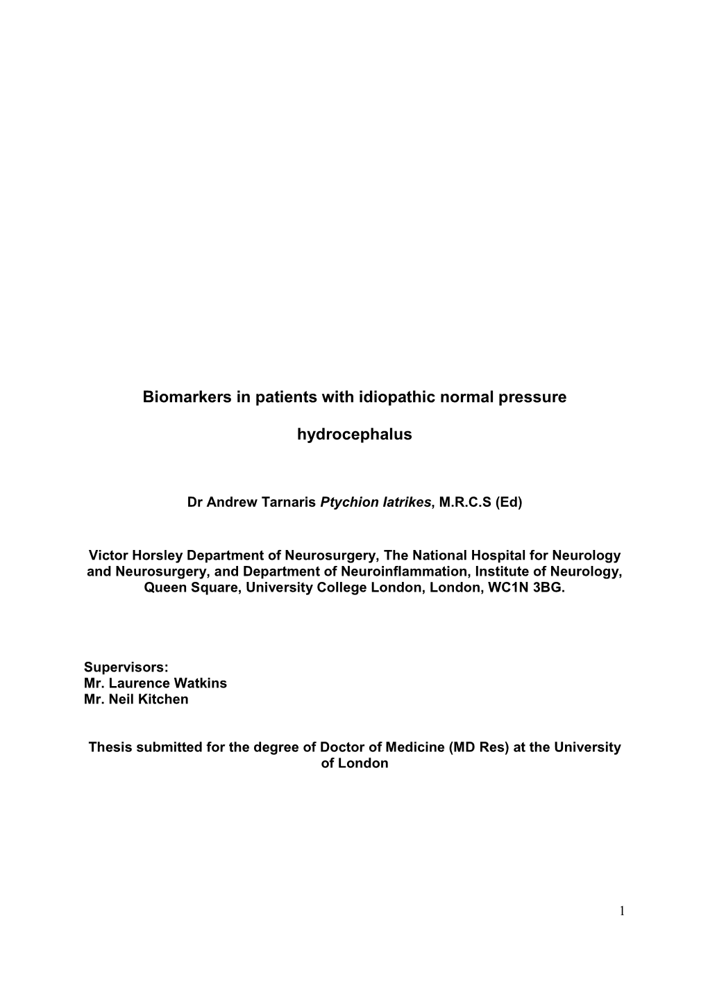 Biomarkers in Patients with Idiopathic Normal Pressure Hydrocephalus