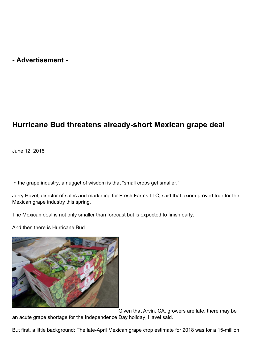 Hurricane Bud Threatens Already-Short Mexican Grape Deal