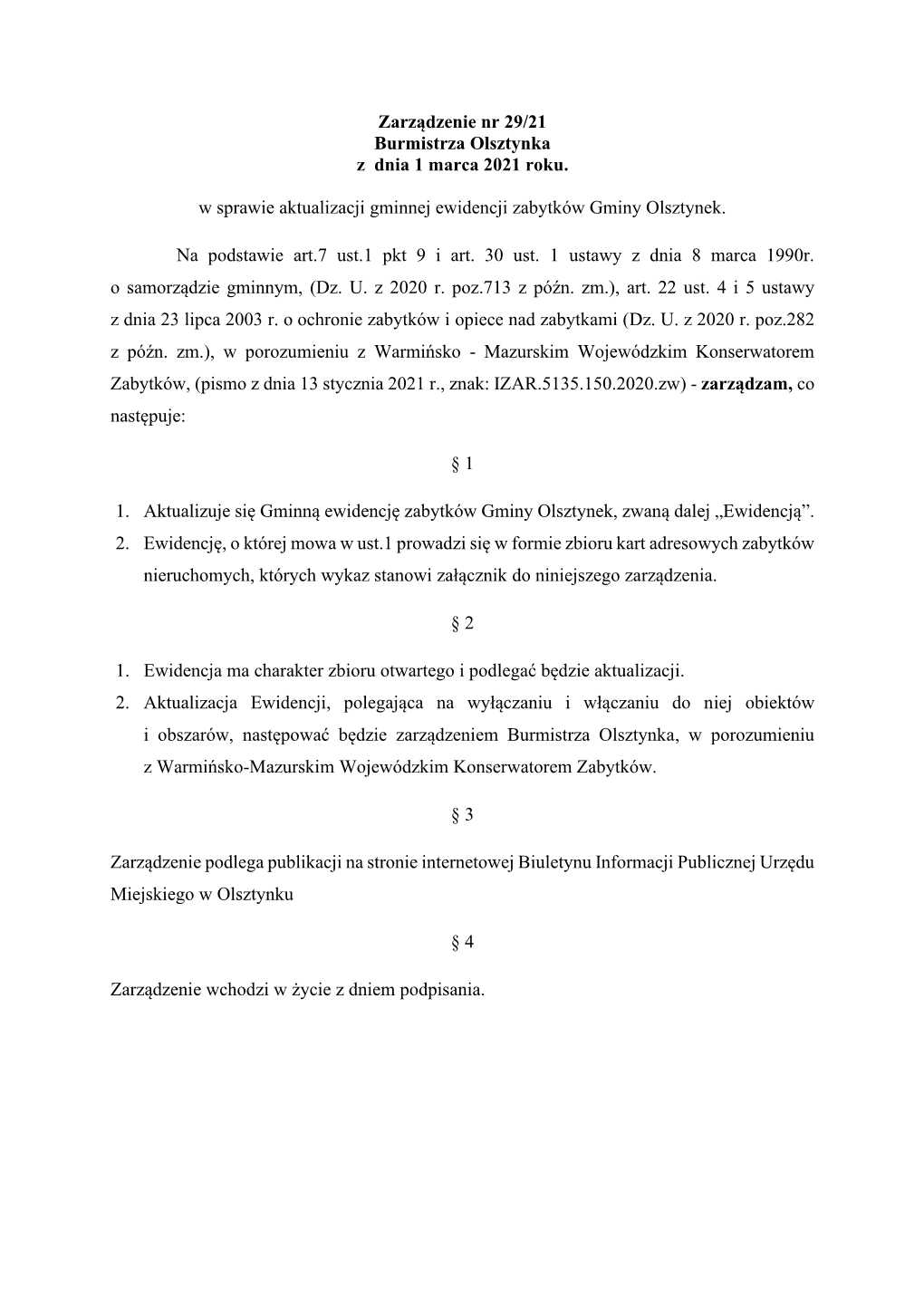 Zarządzenie Nr 29/21 Burmistrza Olsztynka Z Dnia 1 Marca 2021 Roku