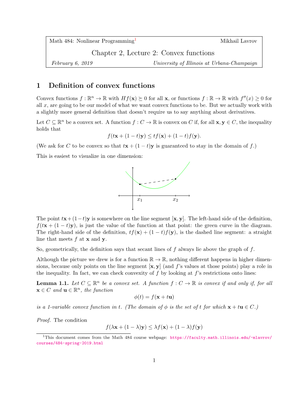 Chapter 2, Lecture 2: Convex Functions 1 Definition Of