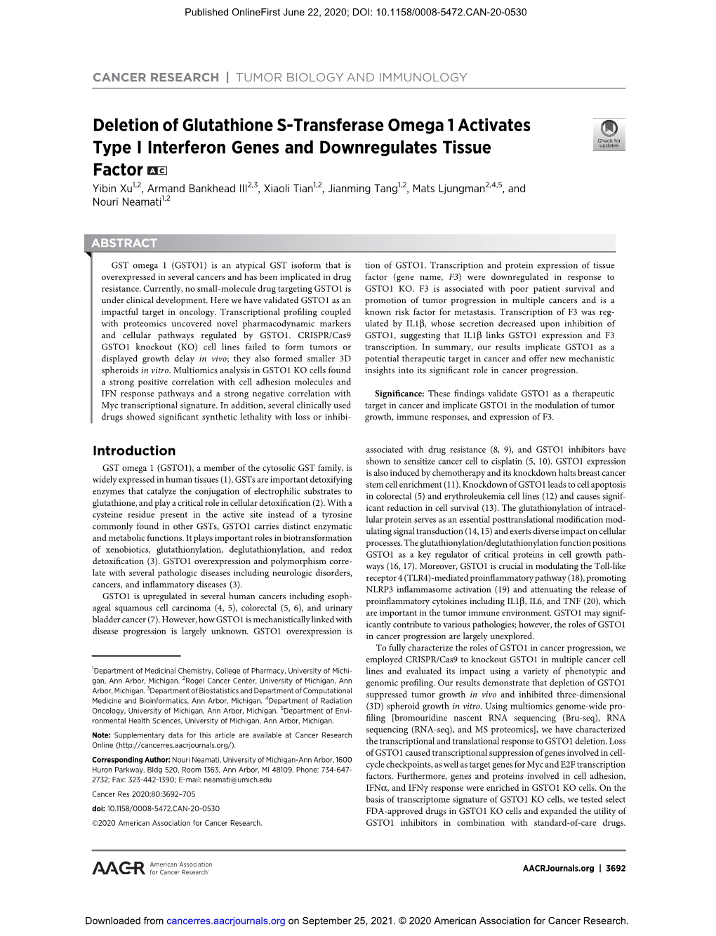 Deletion of Glutathione S-Transferase Omega 1 Activates Type I Interferon Genes and Downregulates Tissue Factor