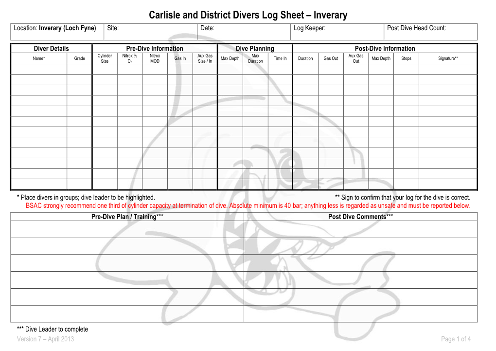 Dive Assessment & Log Sheet