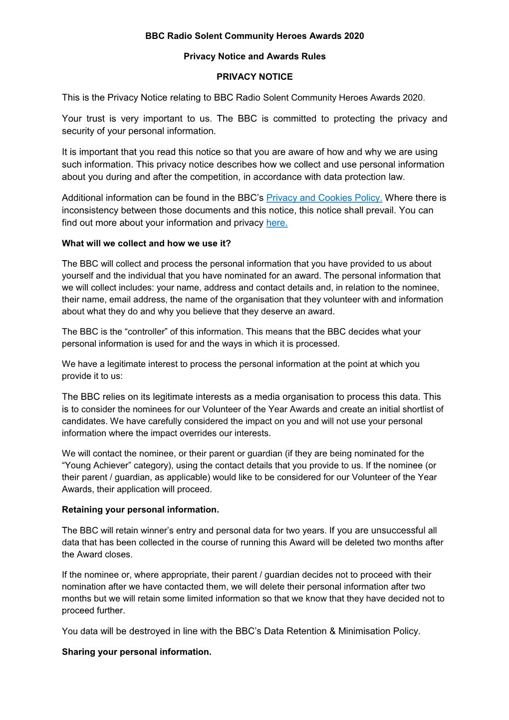 This Is the Privacy Notice Relating to BBC Radio Solent Community Heroes Awards 2020