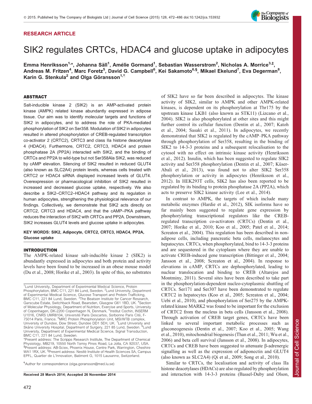 SIK2 Regulates Crtcs, HDAC4 and Glucose Uptake in Adipocytes