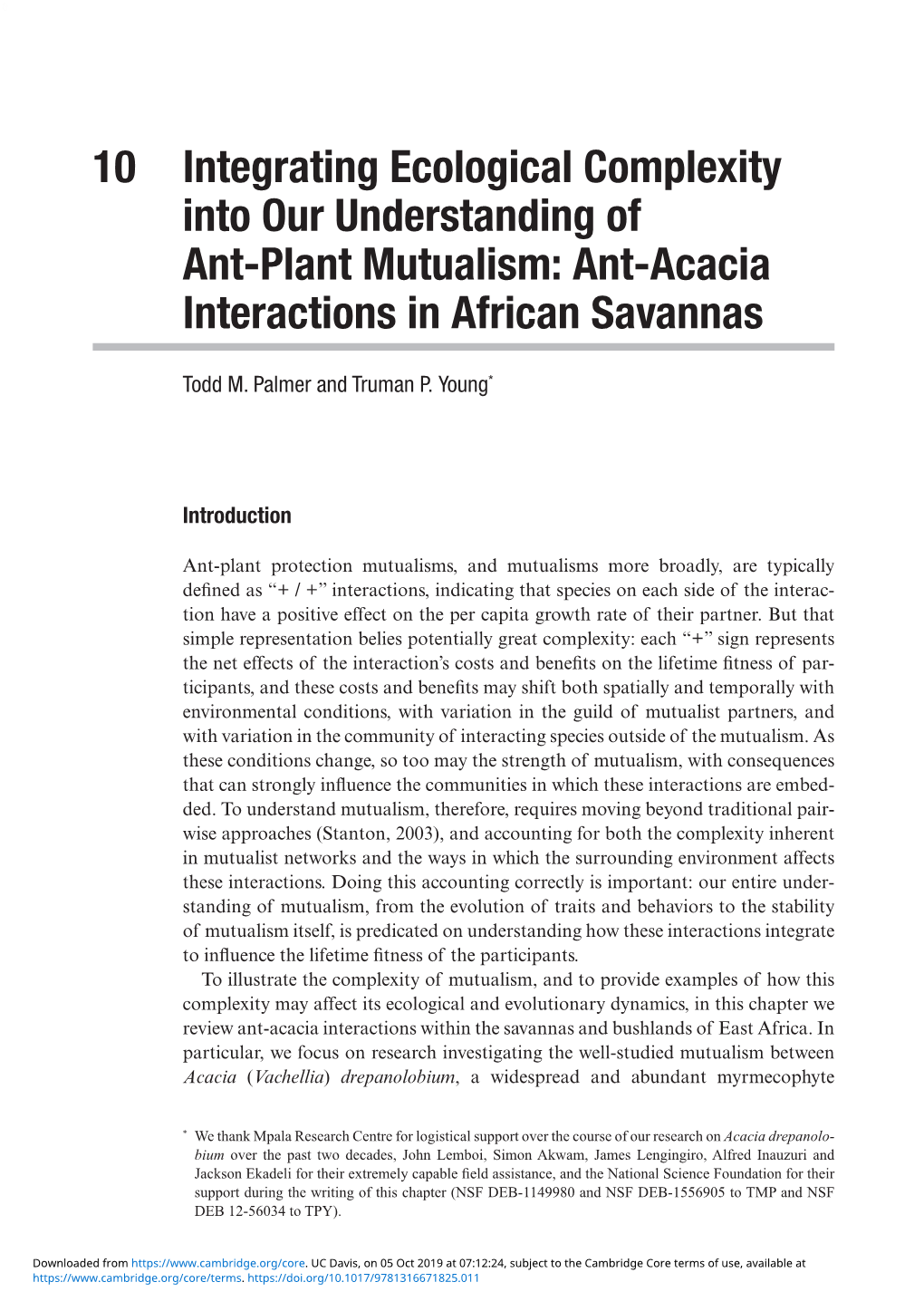 Ant-​Plant Mutualism: Ant-​Acacia Interactions in African Savannas