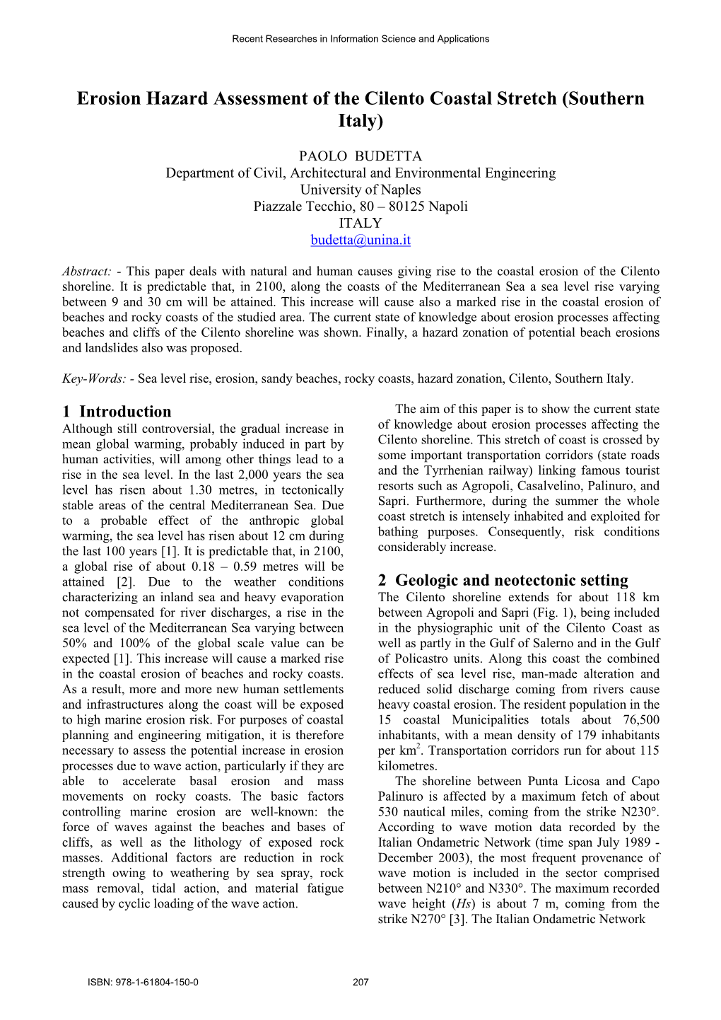 Erosion Hazard Assessment of the Cilento Coastal Stretch (Southern Italy)