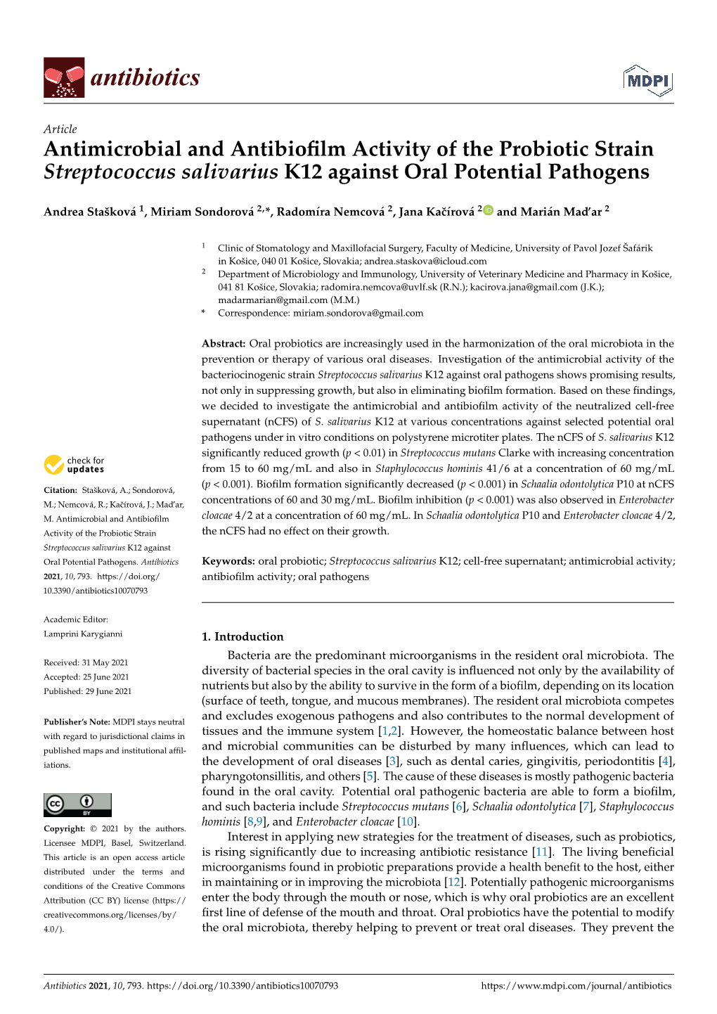 Antimicrobial and Antibiofilm Activity of the Probiotic Strain Streptococcus