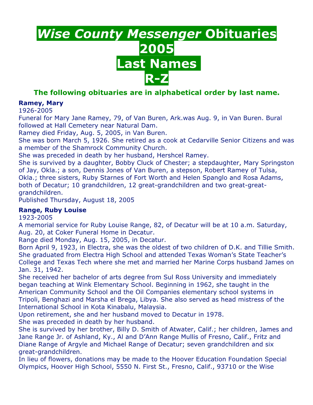 Wise County Messenger Obituaries 2005 Last Names R-Z the Following Obituaries Are in Alphabetical Order by Last Name