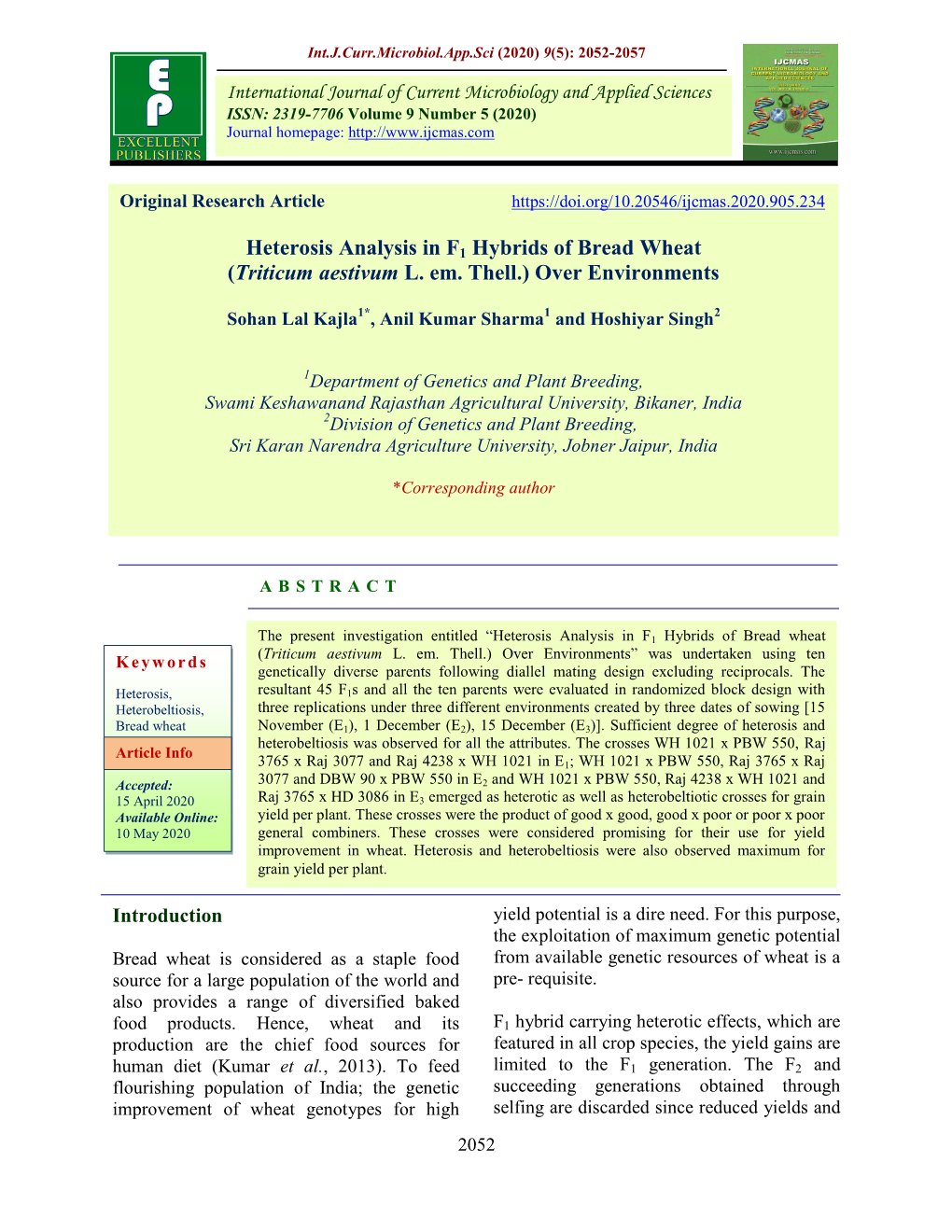 Heterosis Analysis in F1 Hybrids of Bread Wheat (Triticum Aestivum L