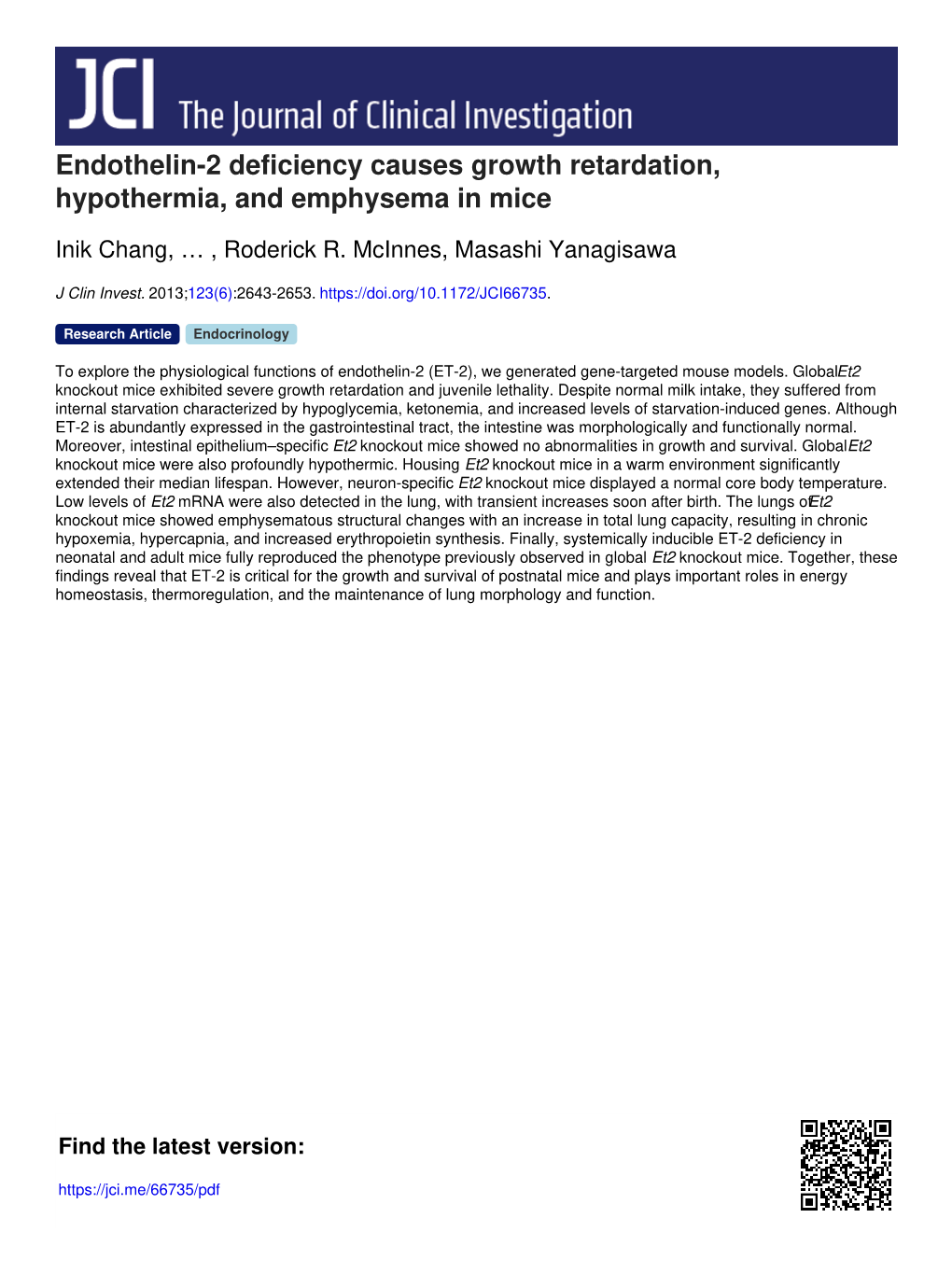 Endothelin-2 Deficiency Causes Growth Retardation, Hypothermia, and Emphysema in Mice