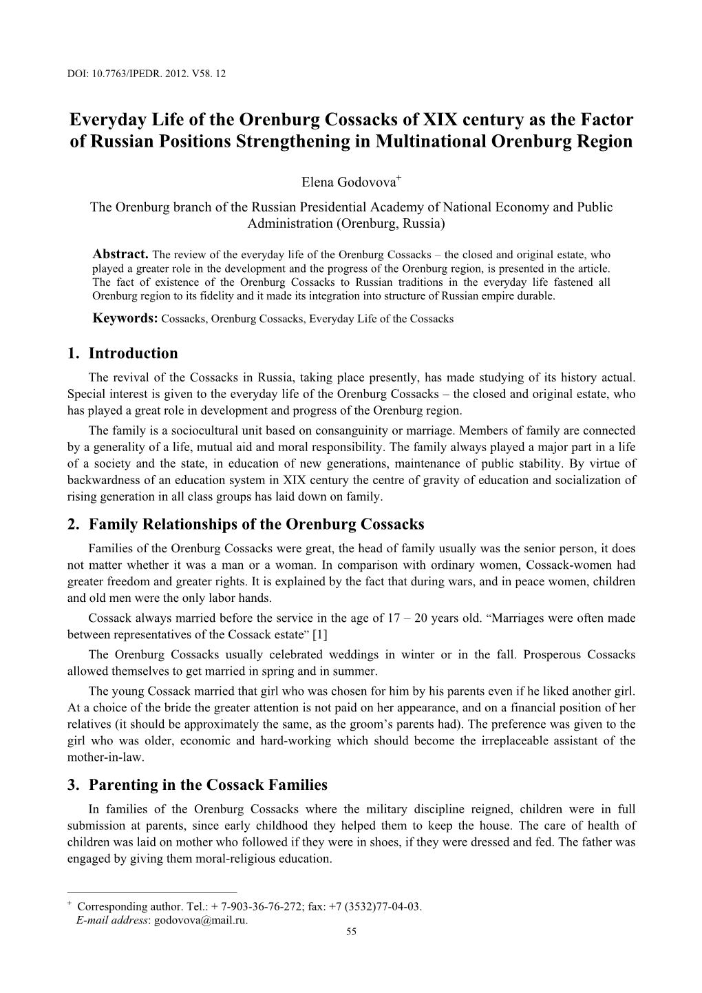 Everyday Life of the Orenburg Cossacks of XIX Century As the Factor of Russian Positions Strengthening in Multinational Orenburg Region