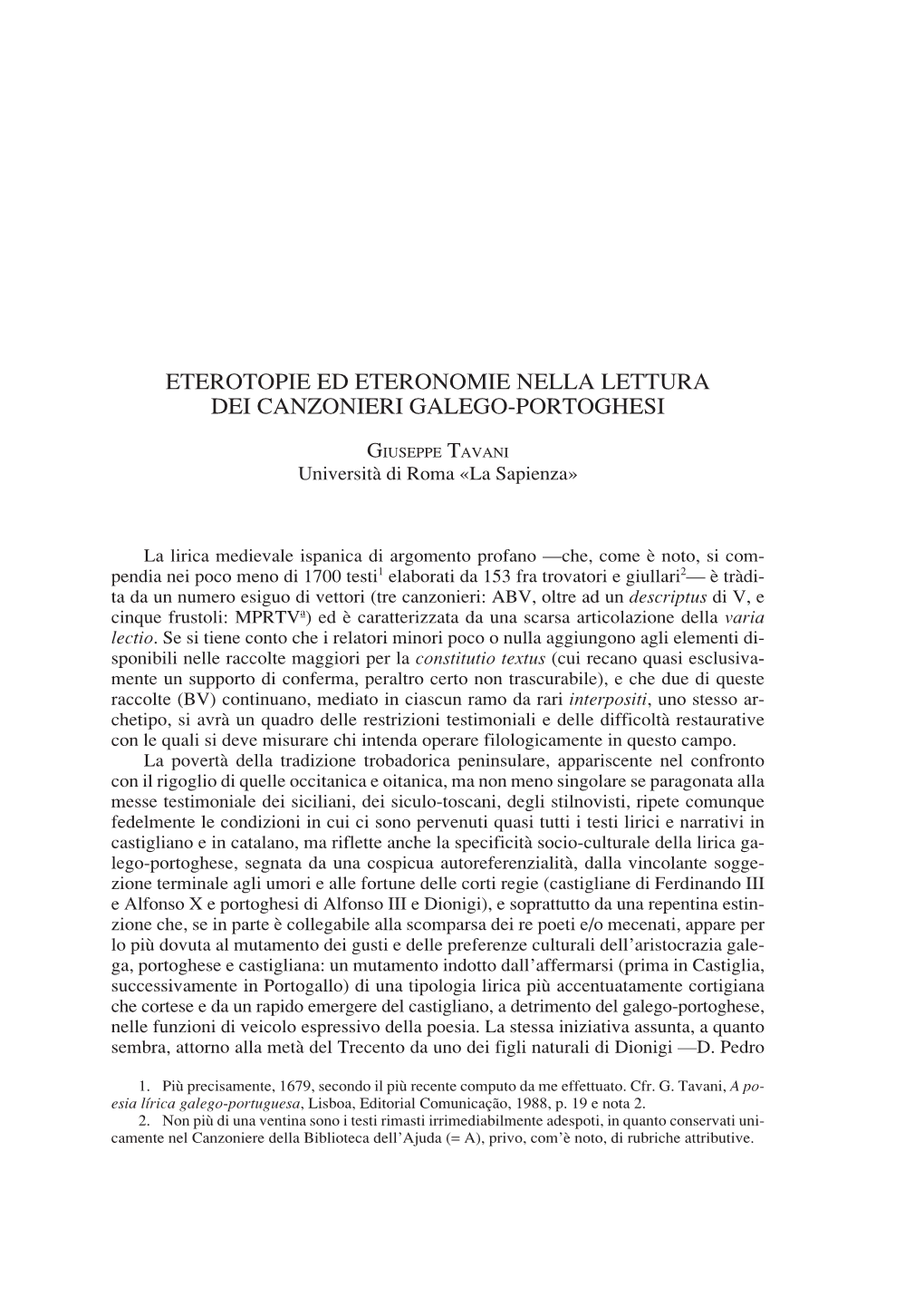 Eterotopie Ed Eteronomie Nella Lettura Dei Canzonieri Galego-Portoghesi