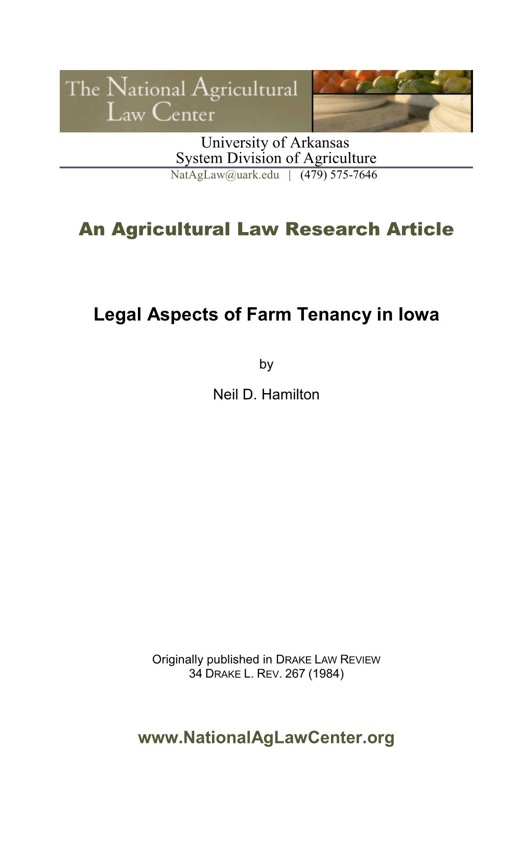 An Agricultural Law Research Article Legal Aspects of Farm Tenancy In