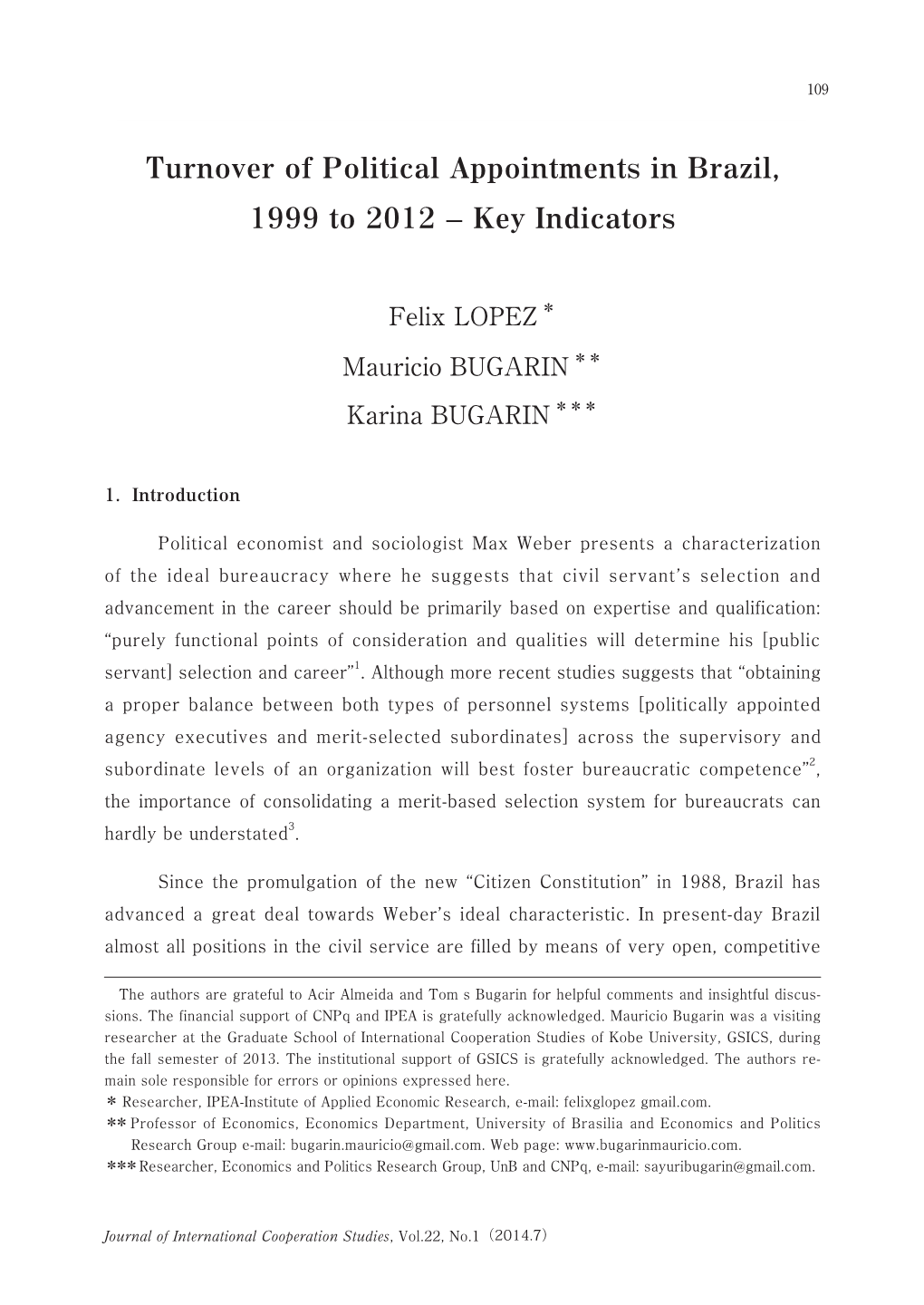 Turnover of Political Appointments in Brazil, 1999 to 2012 – Key Indicators 109