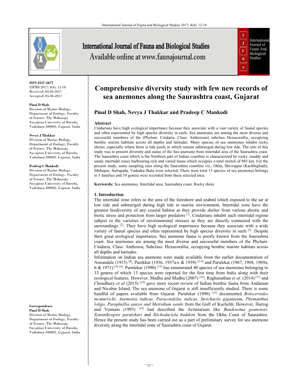 Comprehensive Diversity Study with Few New Records of Sea Anemones