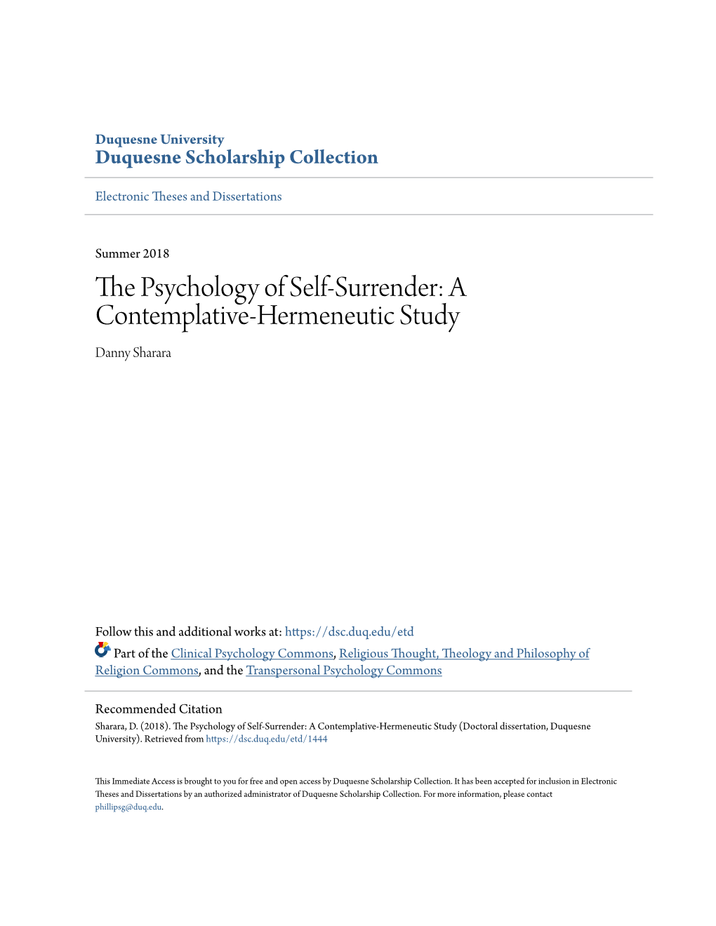 The Psychology of Self-Surrender: a Contemplative-Hermeneutic Study