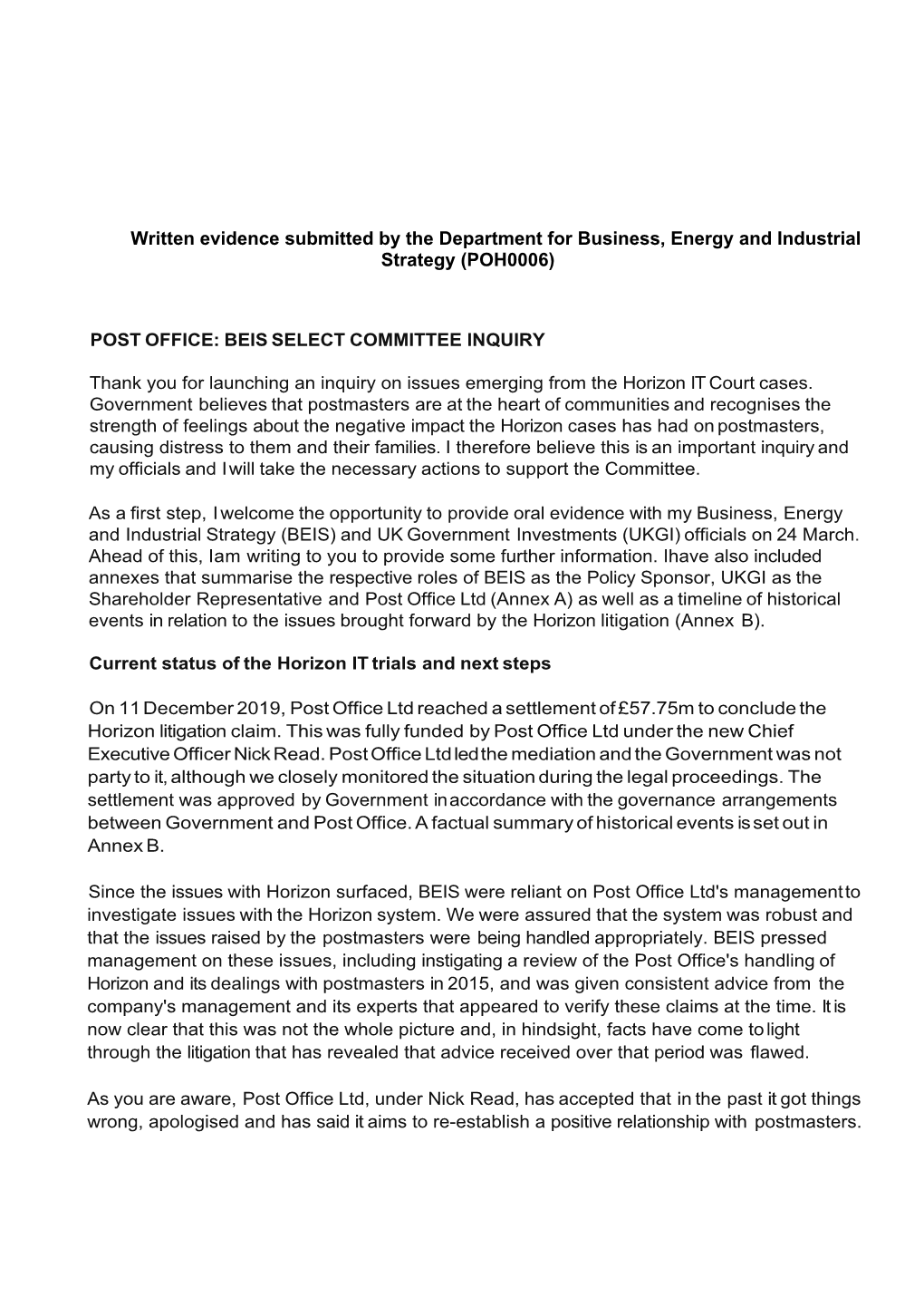 Written Evidence Submitted by the Department for Business, Energy and Industrial Strategy (POH0006)