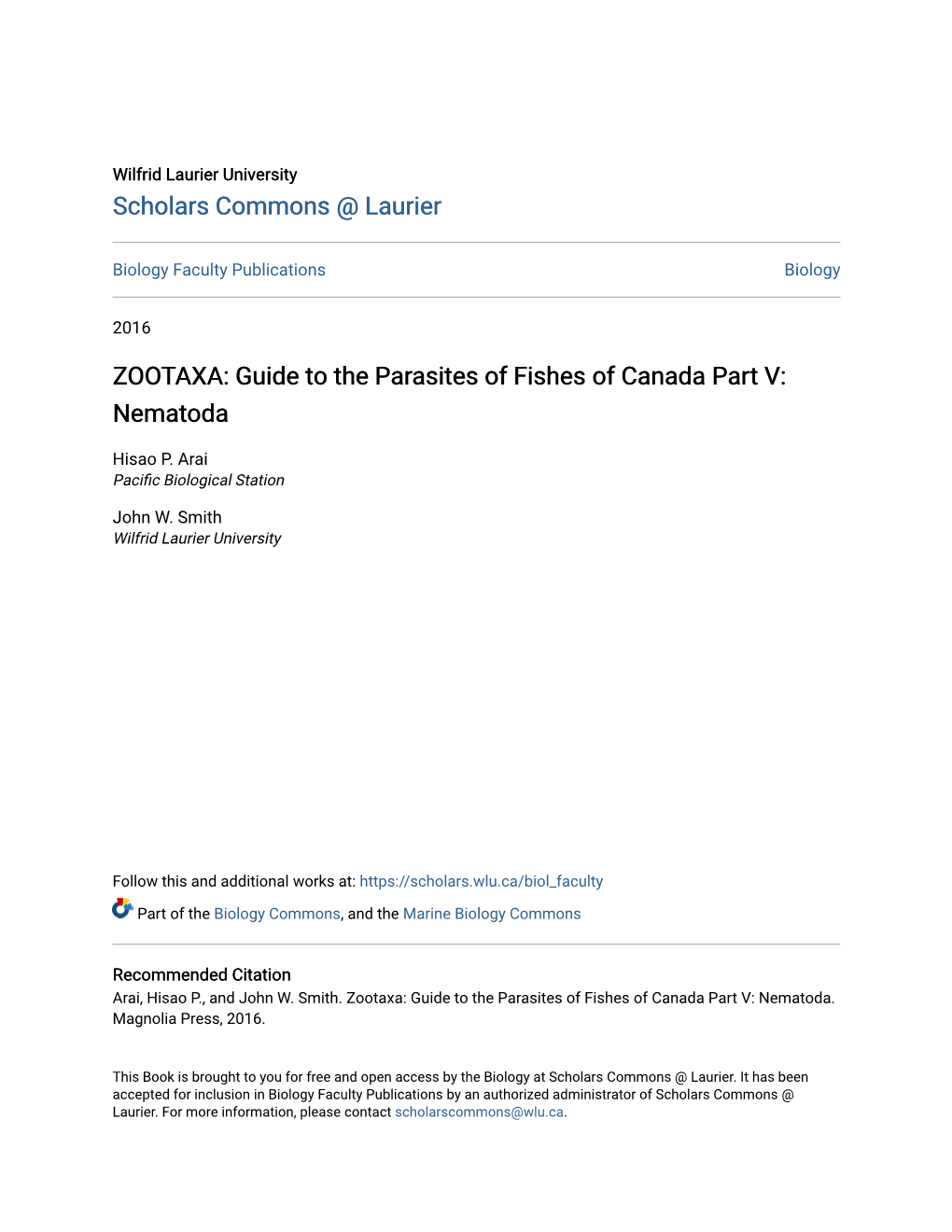 Guide to the Parasites of Fishes of Canada Part V: Nematoda