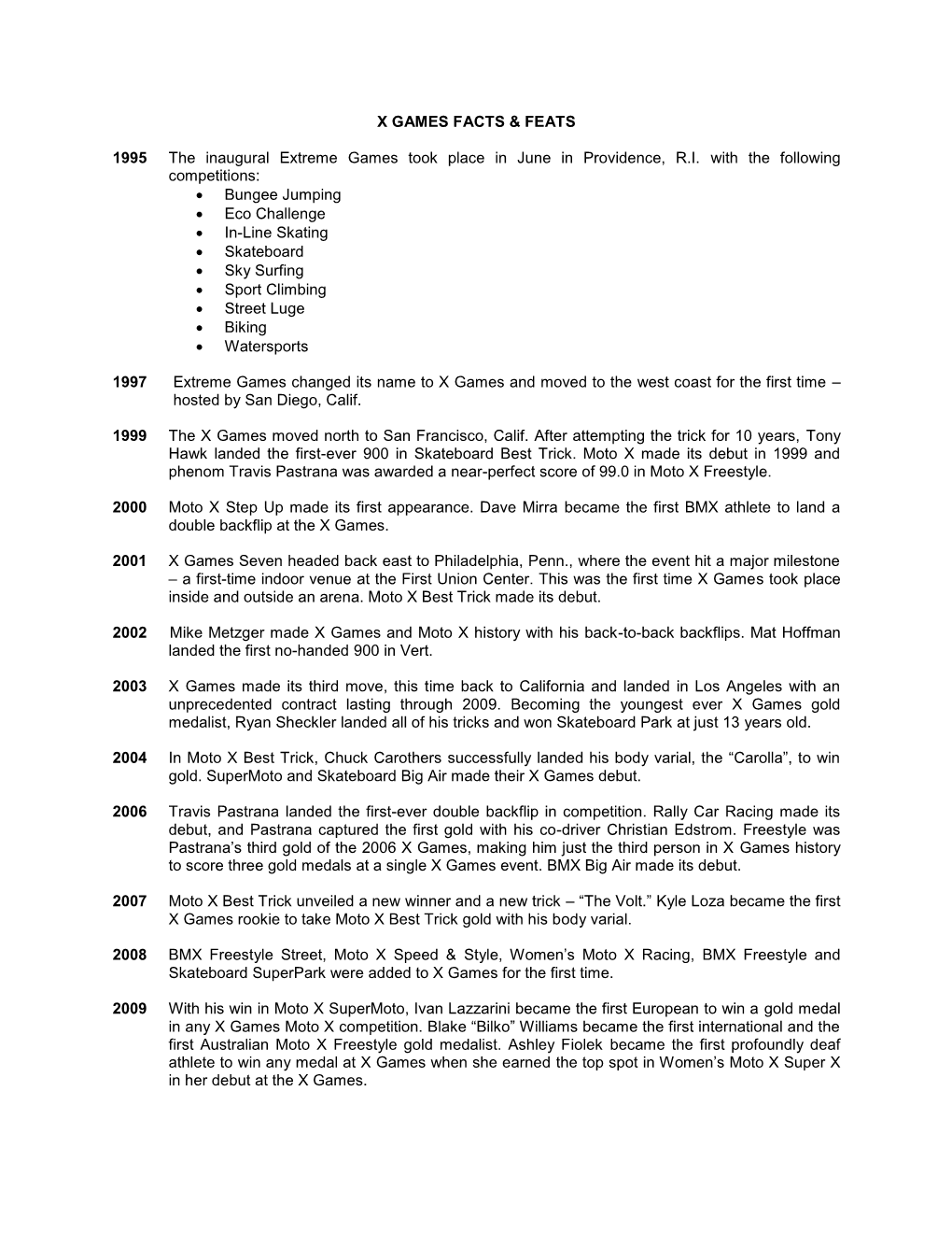X GAMES FACTS & FEATS 1995 the Inaugural Extreme Games Took