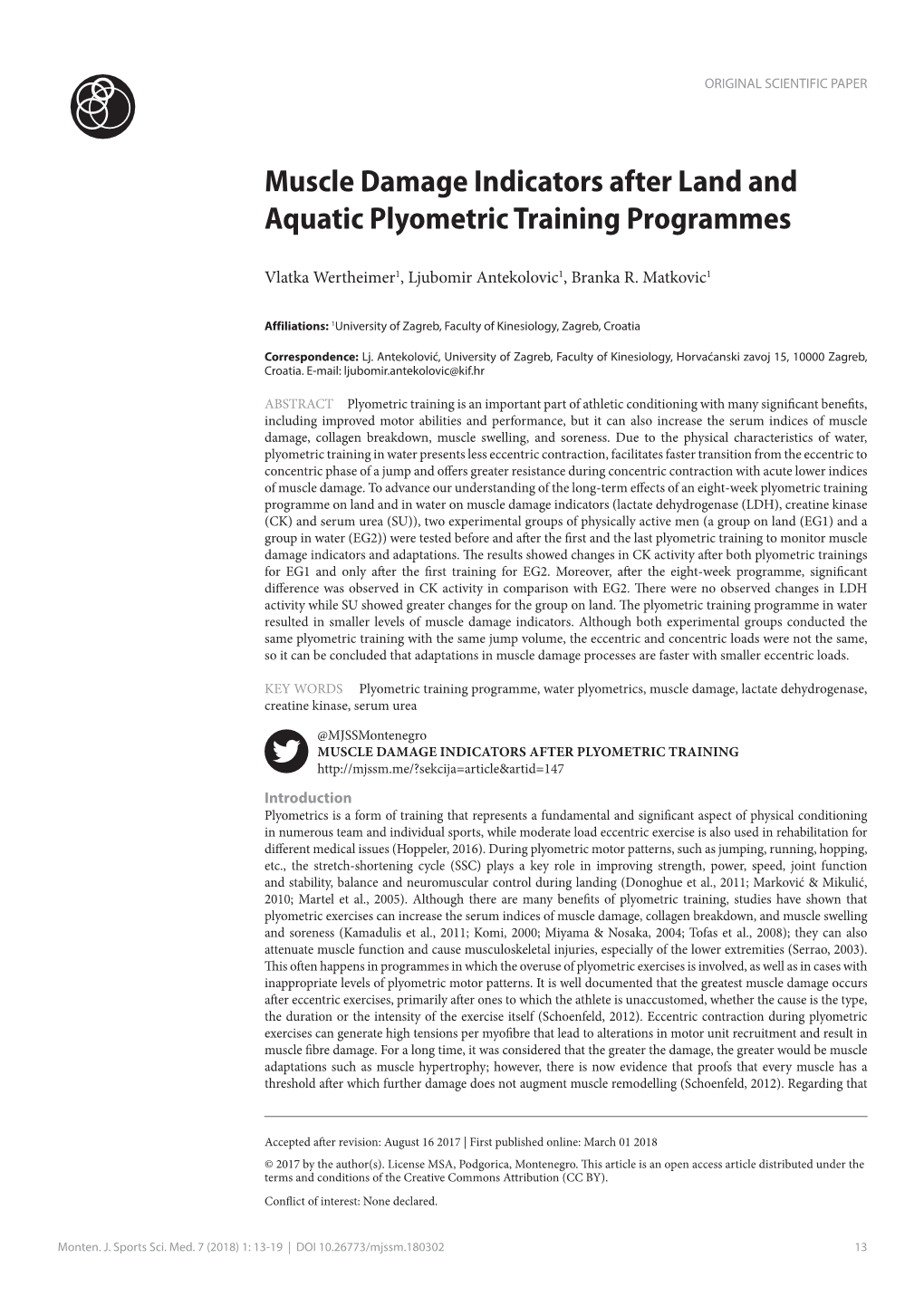 Muscle Damage Indicators After Land and Aquatic Plyometric Training Programmes