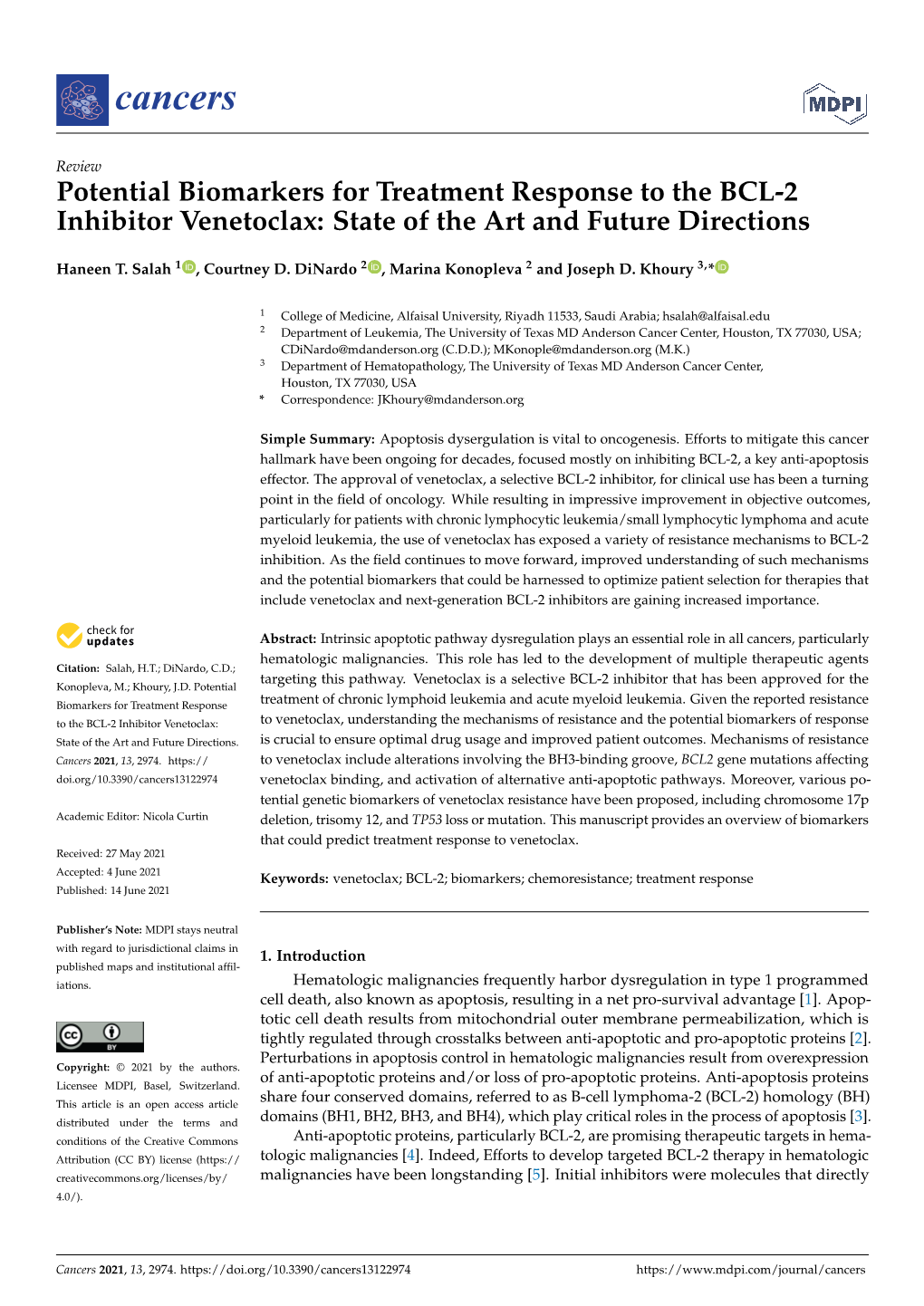 Potential Biomarkers for Treatment Response to the BCL-2 Inhibitor Venetoclax: State of the Art and Future Directions